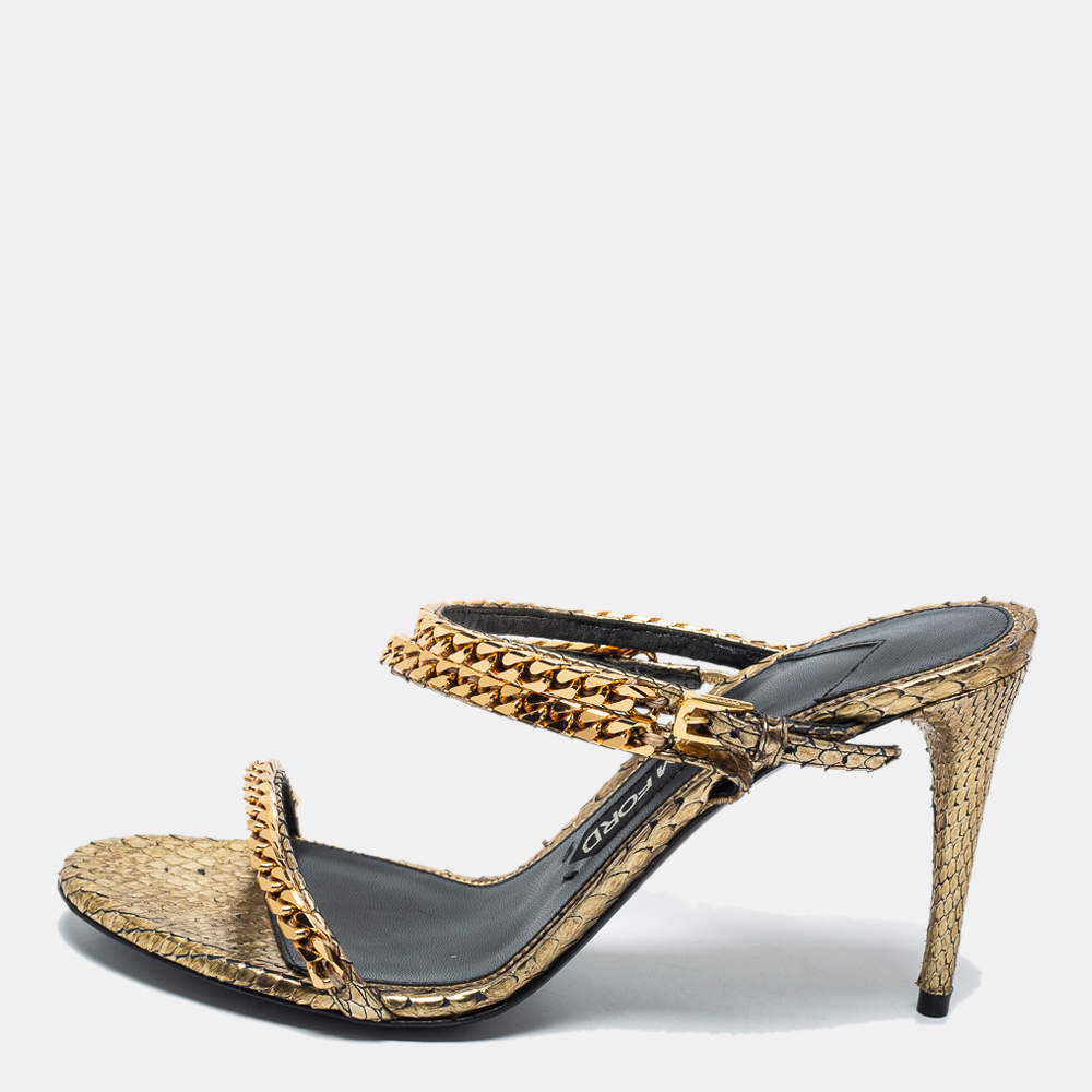 Pre Owned Tom Ford Metallic Gold Python Leather Chain Embellished Slingback Sandals Size 38.5