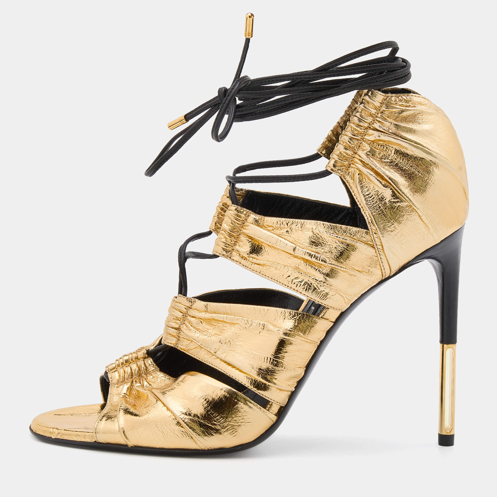Pre Owned Tom Ford Metallic Gold Leather Stardust Cage Sandals Size 41