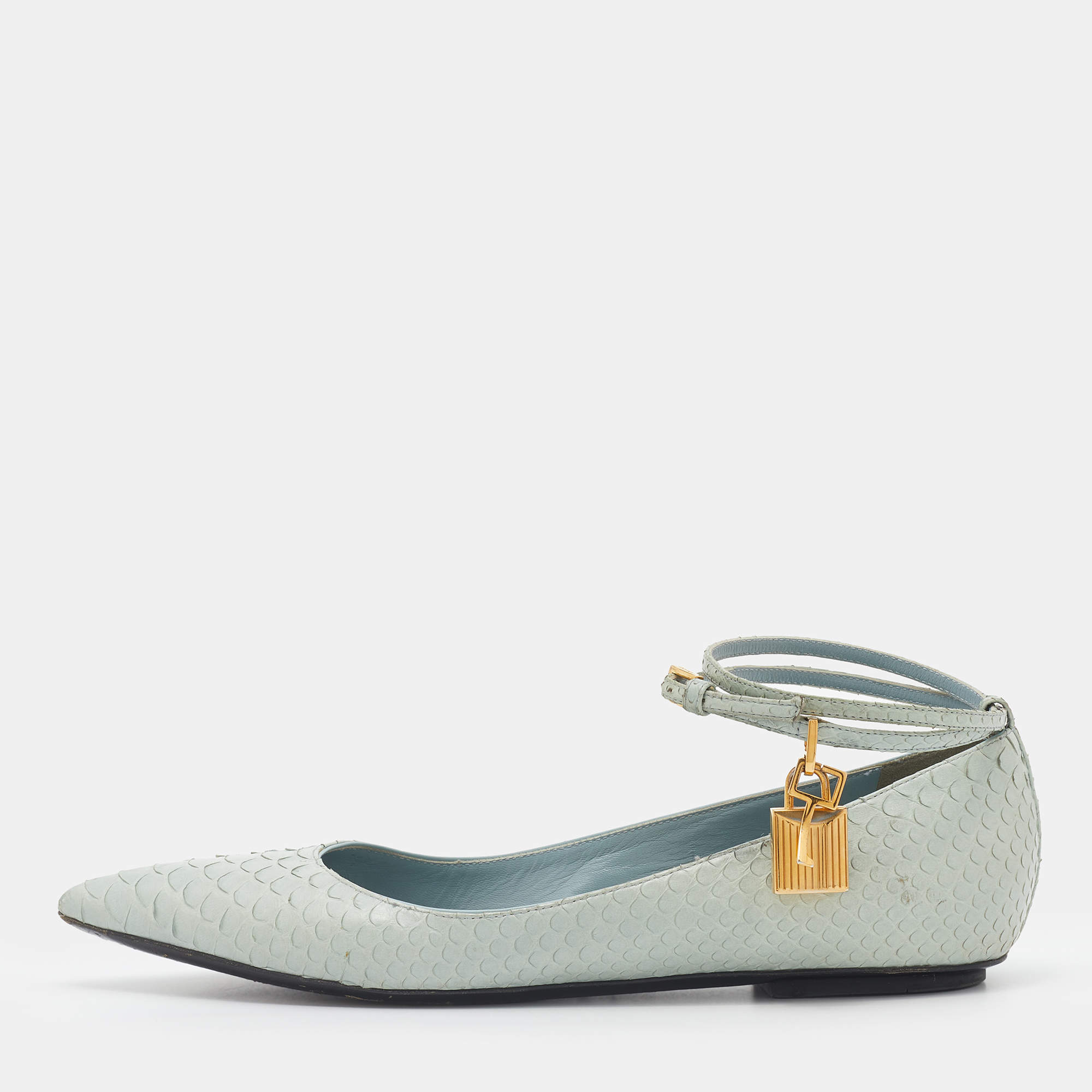 Tom Ford Pale Green Python Padlock Ankle Wrap Pointed Toe Flats Size 39