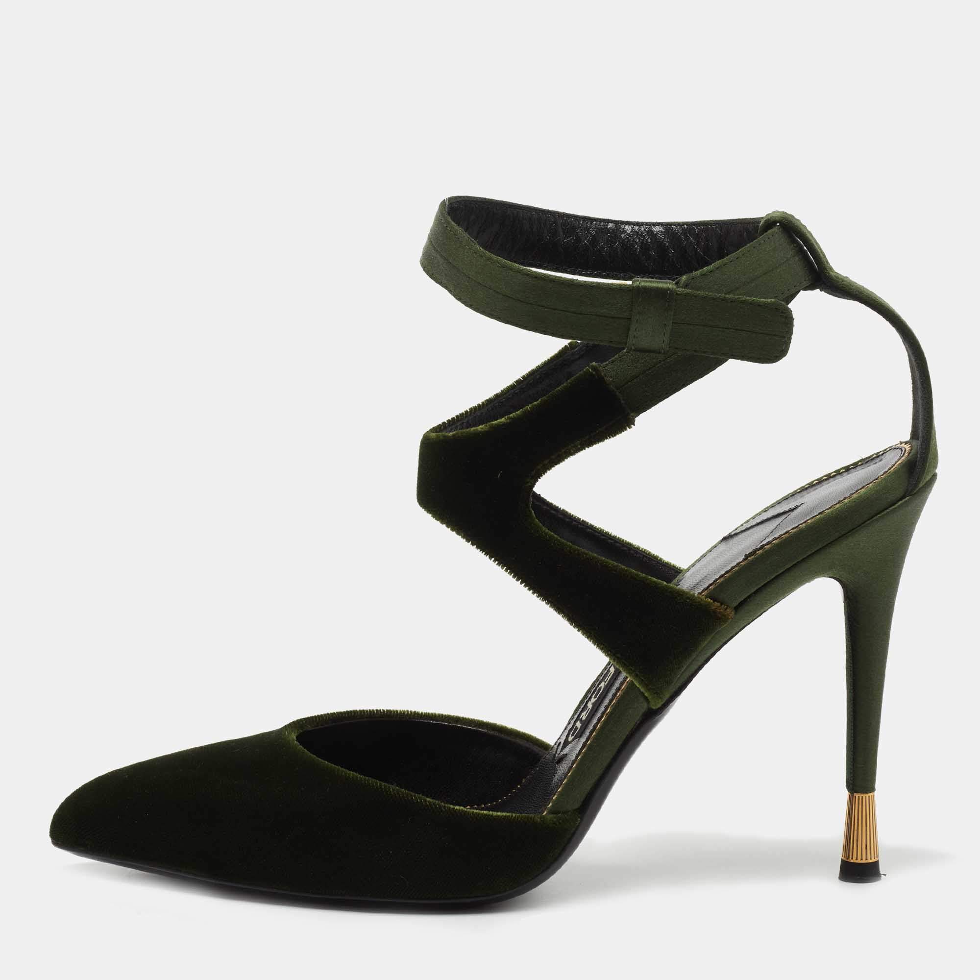 Pre Owned Tom Ford Green Velvet and Satin Ankle Strap Pumps Size 38