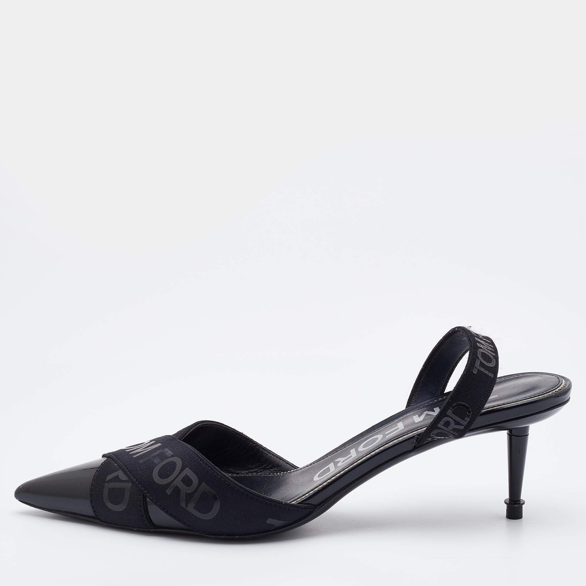 Pre Owned Tom Ford Black Patent Leather And Stretch Fabric Printed Logo Slingback Sandals Size 38