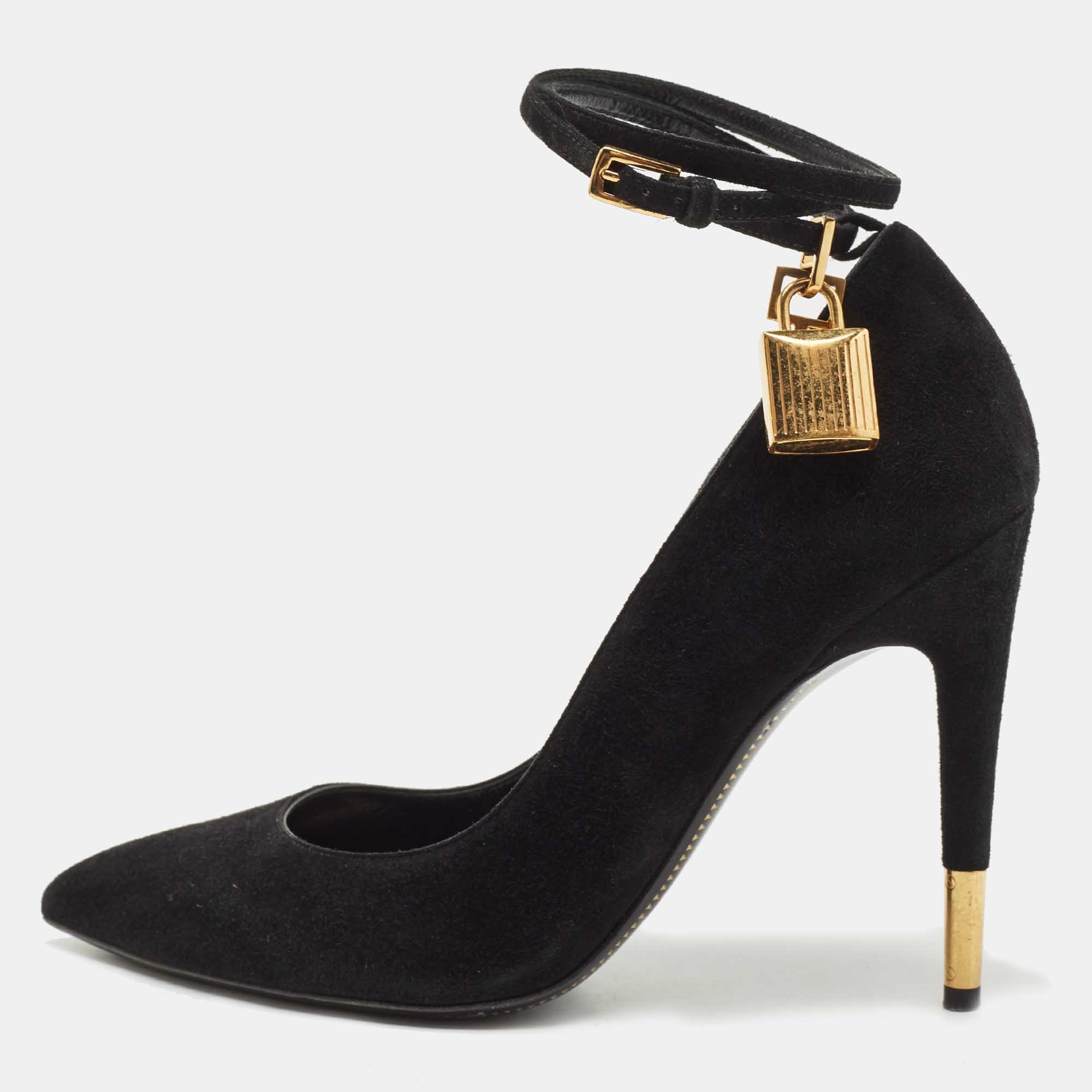 Pre Owned Tom Ford Black Suede Padlock Ankle Wrap Pumps Size 36.5