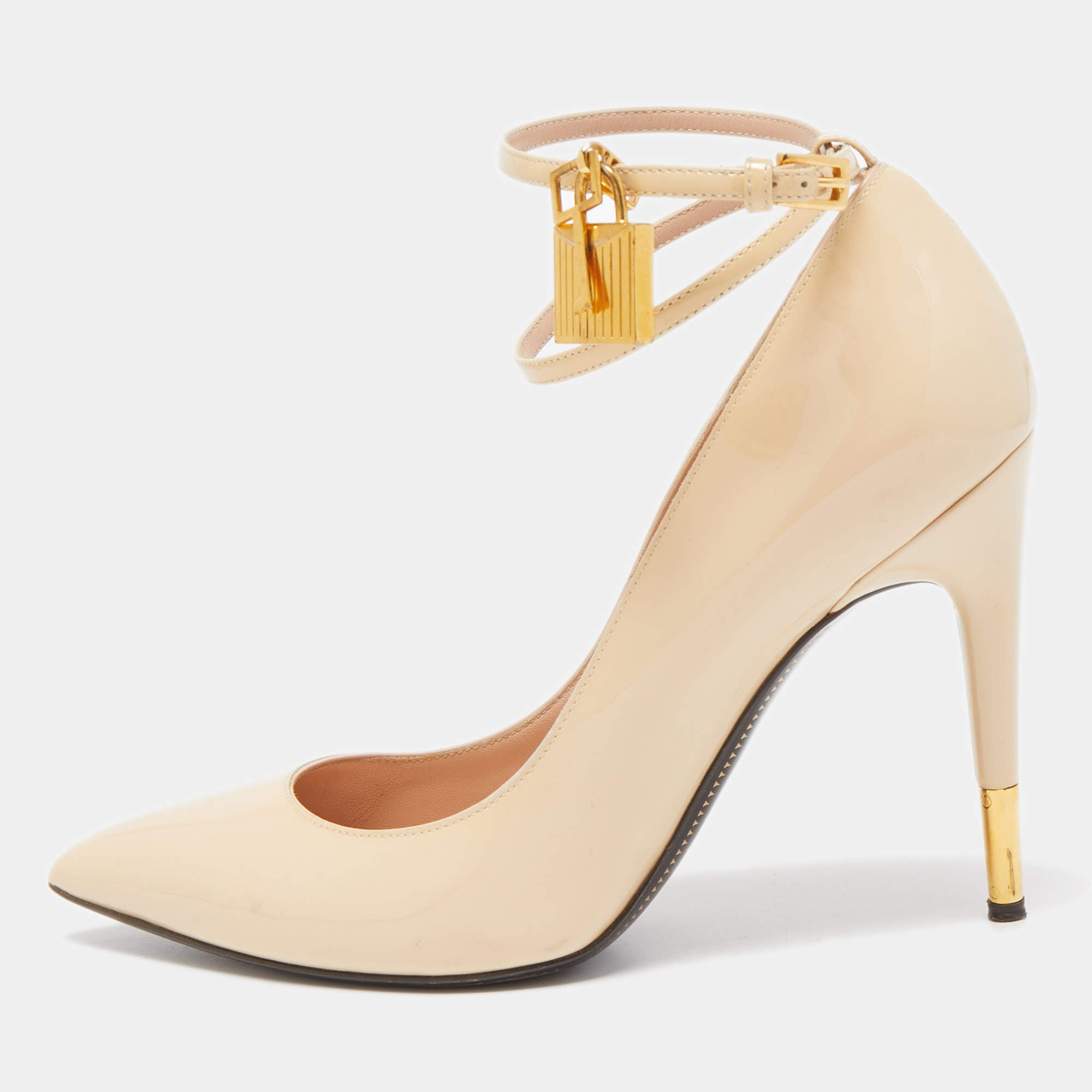 Pre Owned Tom Ford Cream Patent Leather Padlock Ankle Strap Pumps Size 38.5