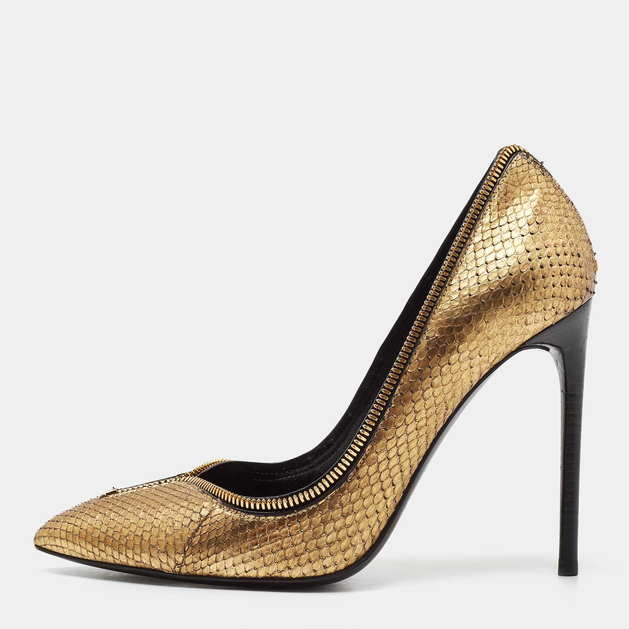 Pre Owned Tom Ford Gold Python Zipper Trim Pumps Size 38