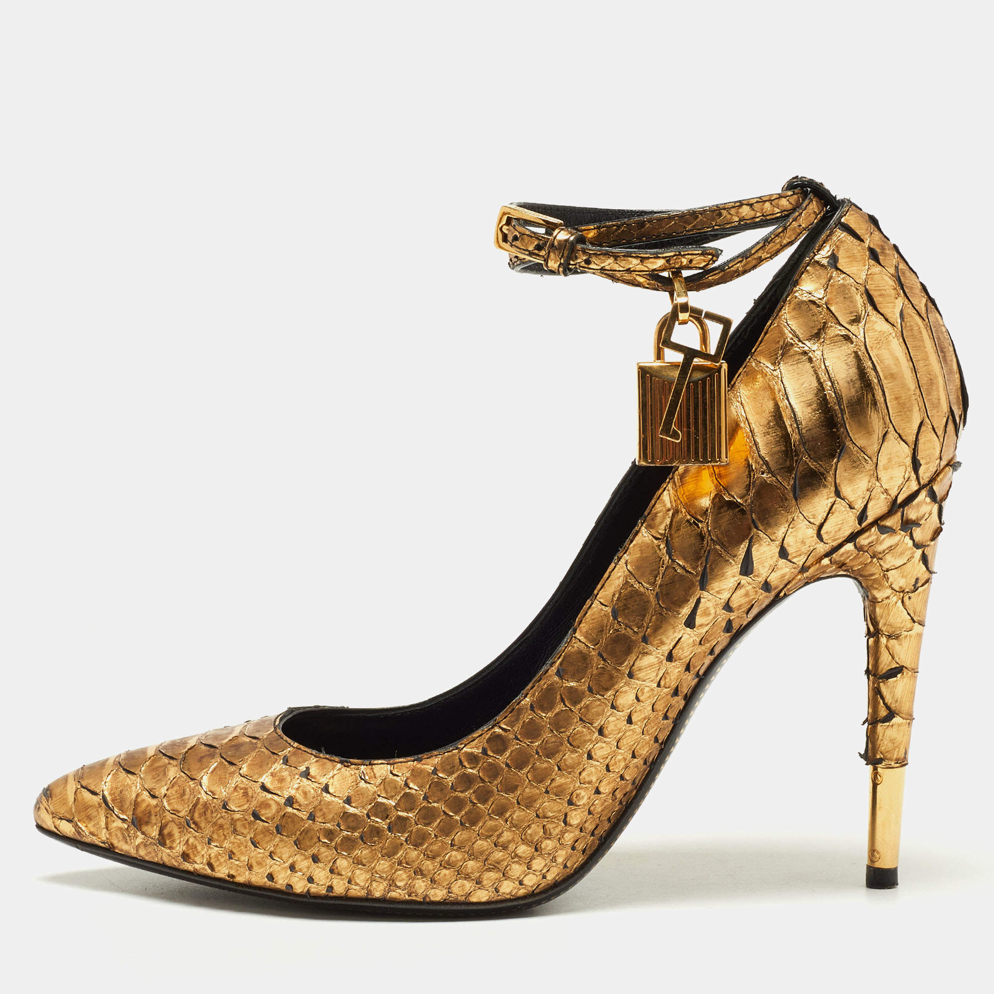 Tom Ford Gold Python Leather Padlock Pumps Size 37.5