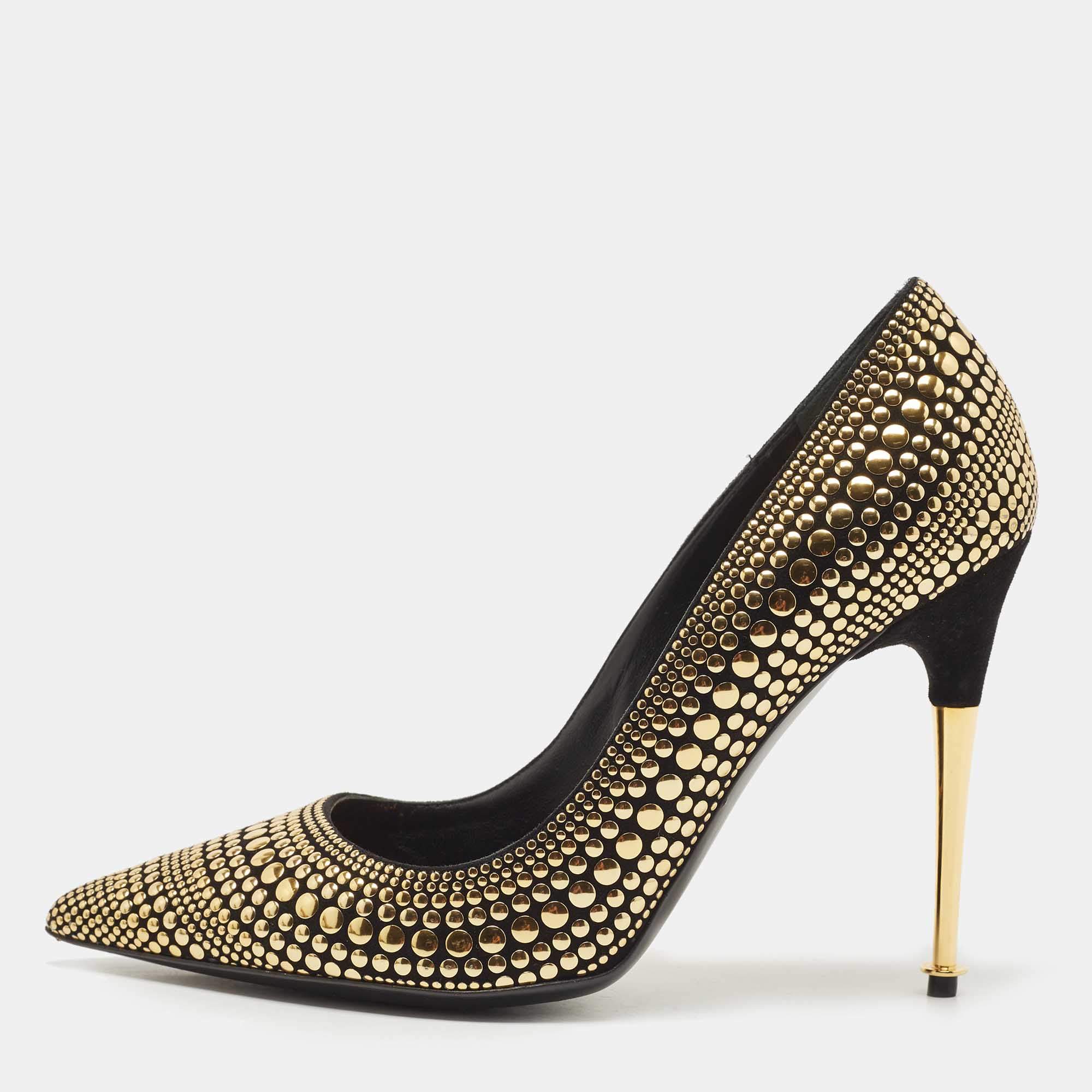 Pre Owned Tom Ford Black/Gold Studded Suede Pointed Toe Pumps Size 39