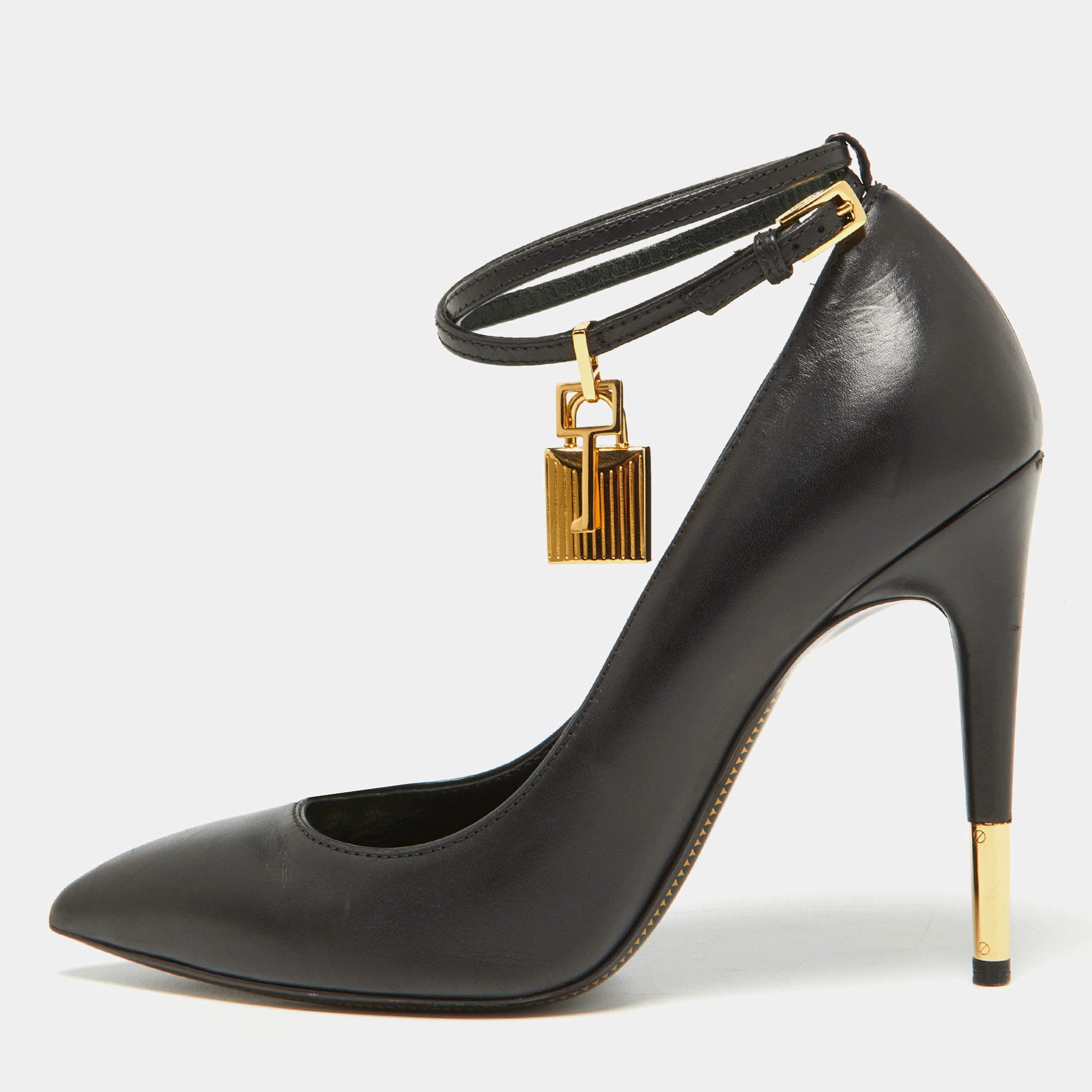 Tom Ford Black Leather Padlock Ankle Wrap Pumps Size 37
