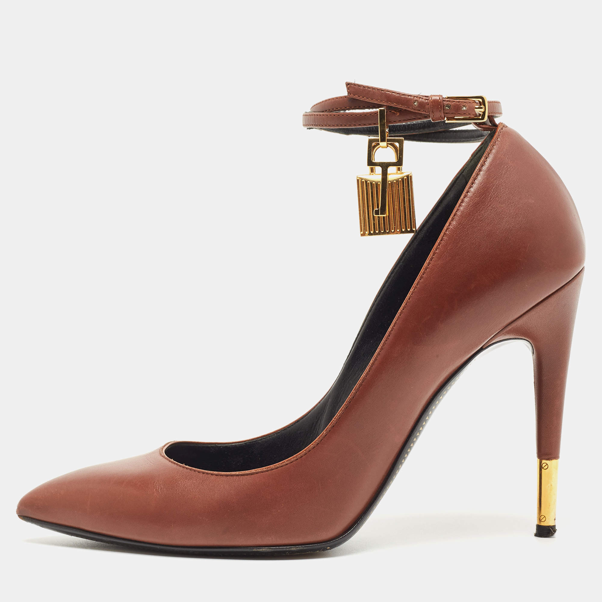 Pre Owned Tom Ford Brown Leather Padlock Pumps Size 38.5