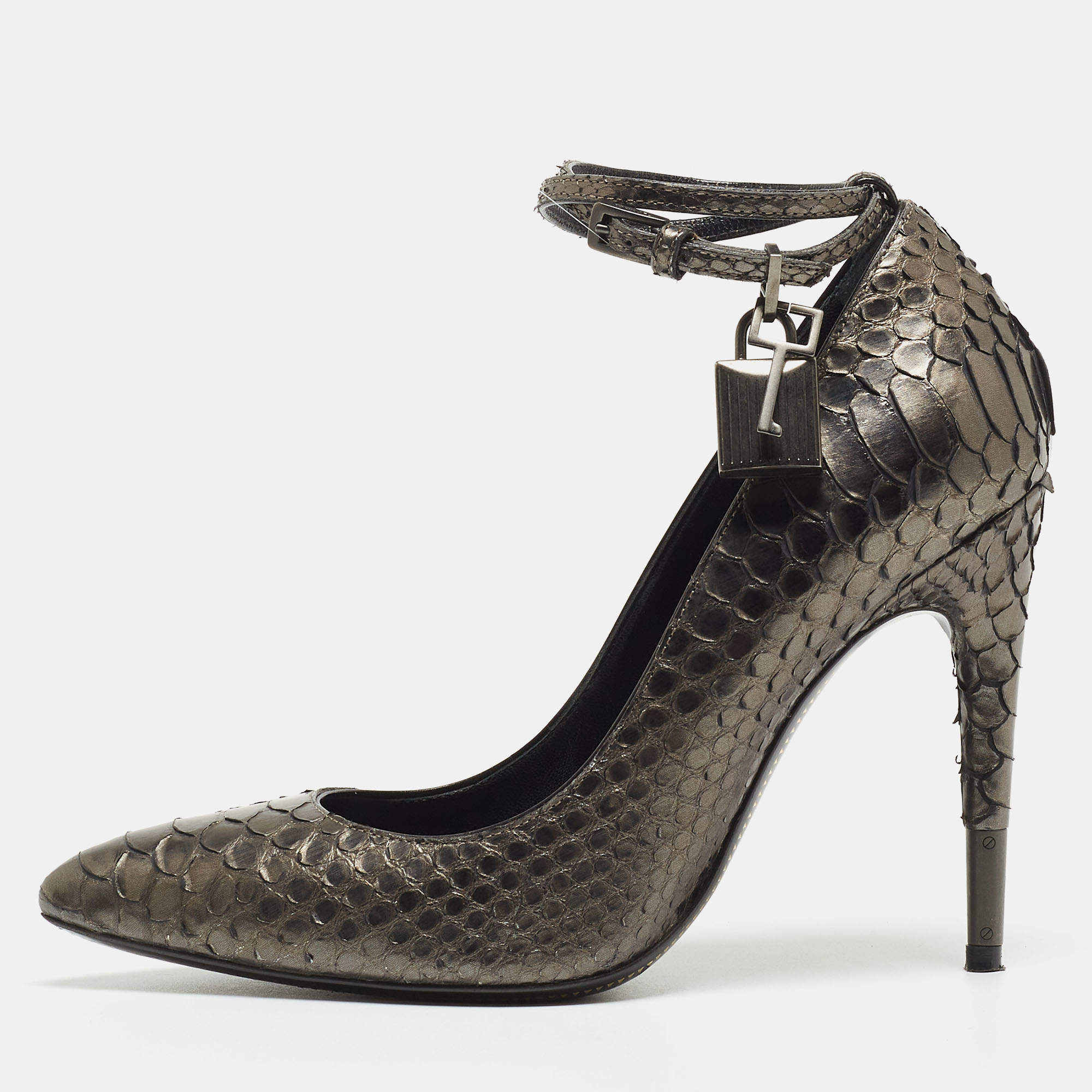 Pre Owned Tom Ford Grey Metallic Python Padlock Ankle Wrap Pumps Size 36.5