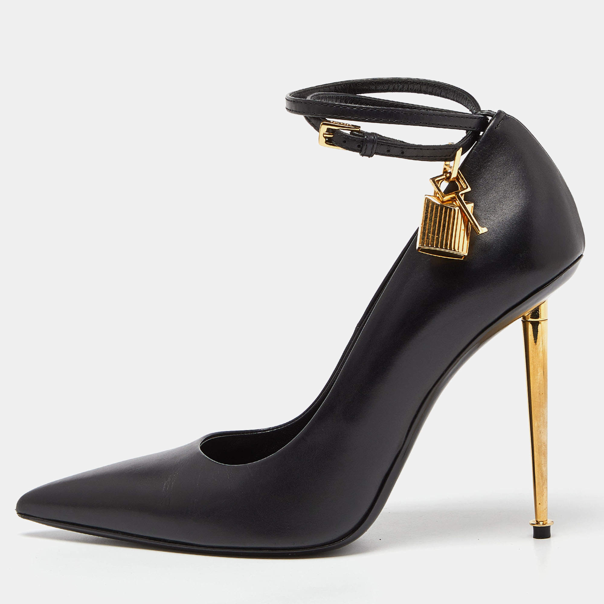 Pre Owned Tom Ford Black Leather Padlock Ankle Wrap Pumps Size 40