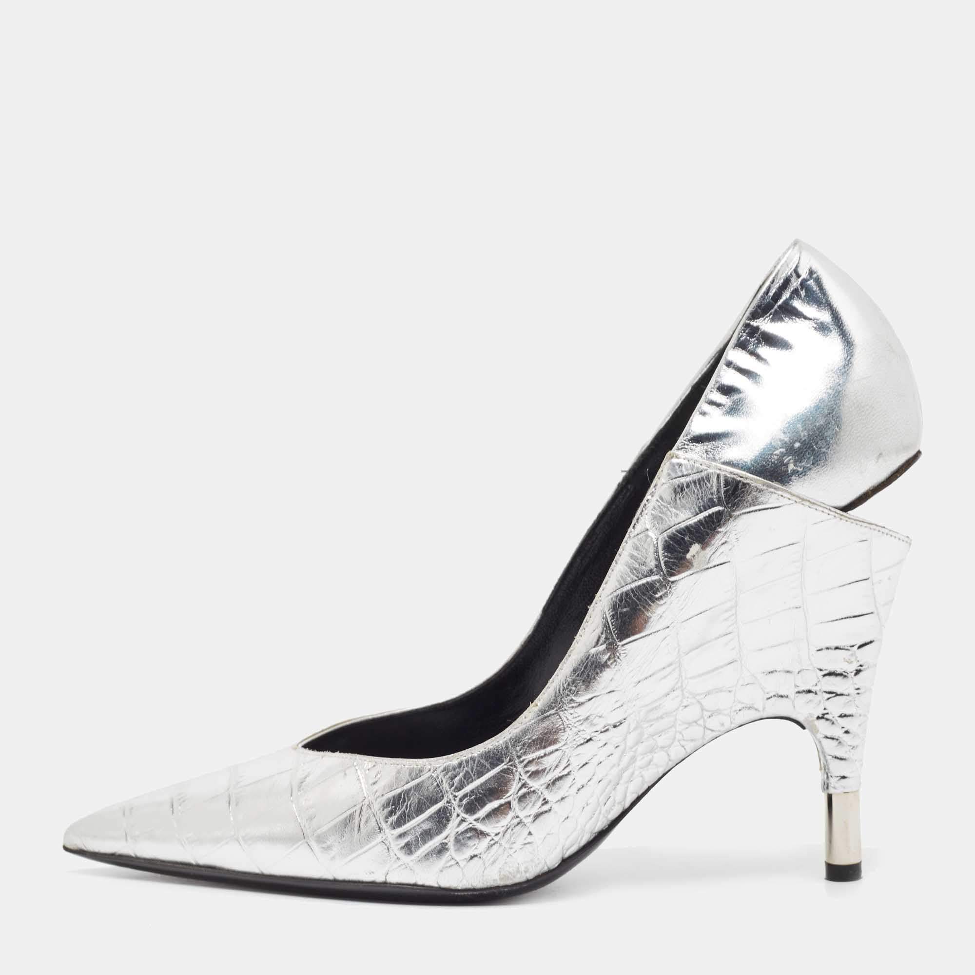 Tom Ford Silver Croc Embossed Leather Wedge Pumps Size 40
