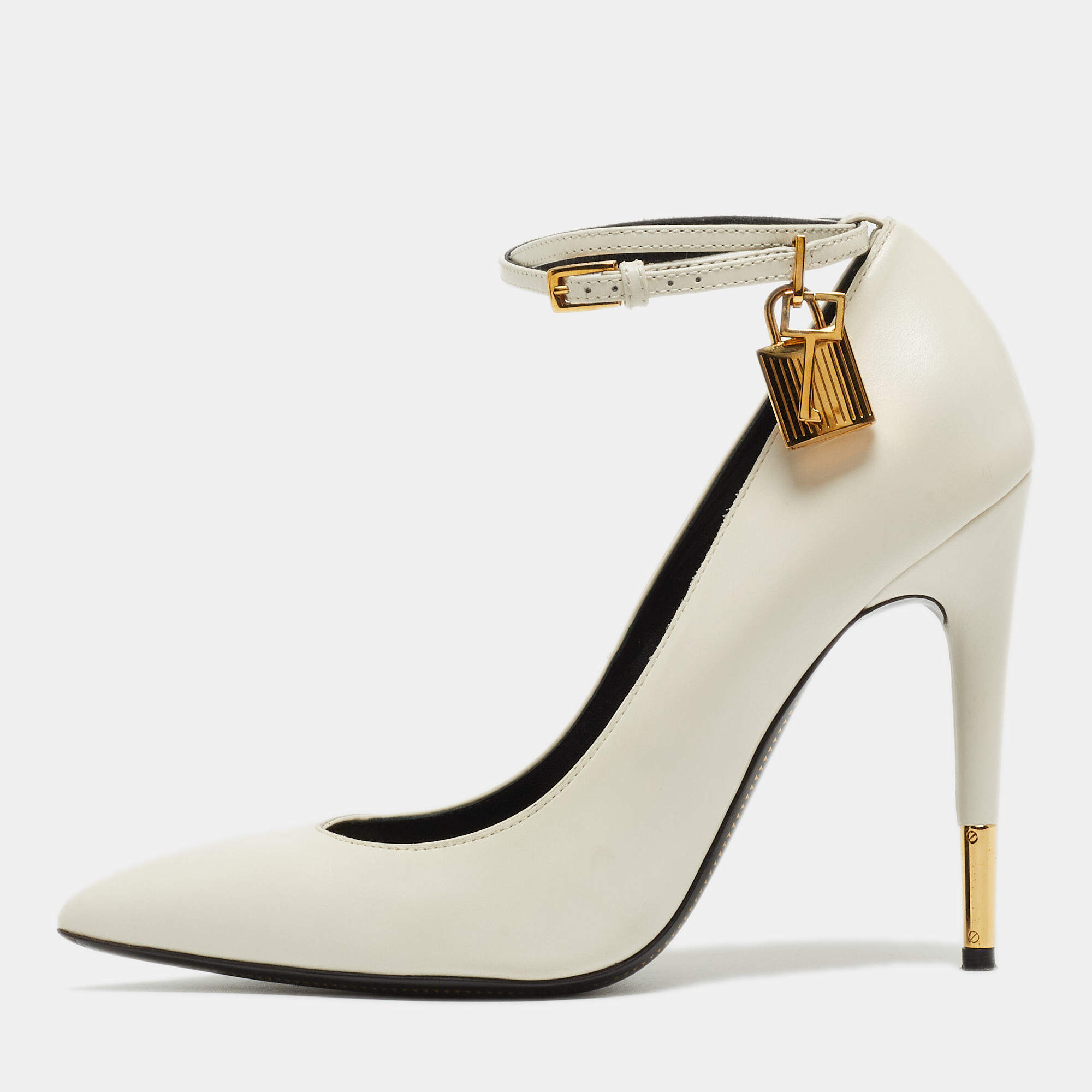 Pre Owned Tom Ford White Leather Padlock Ankle Wrap Pumps Size 39.5
