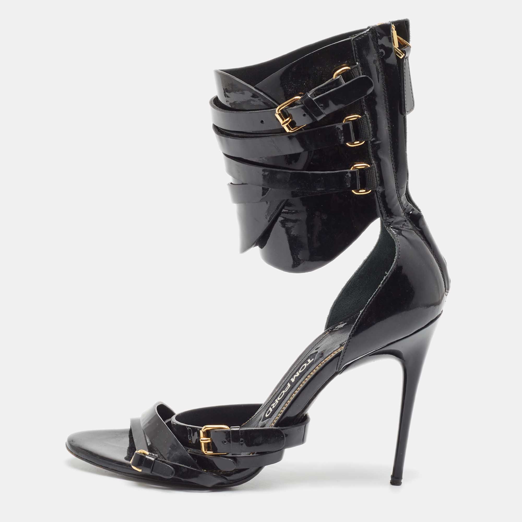 Pre Owned Tom Ford Black Patent Leather Triple Buckle Ankle Cuff Sandals Size 38