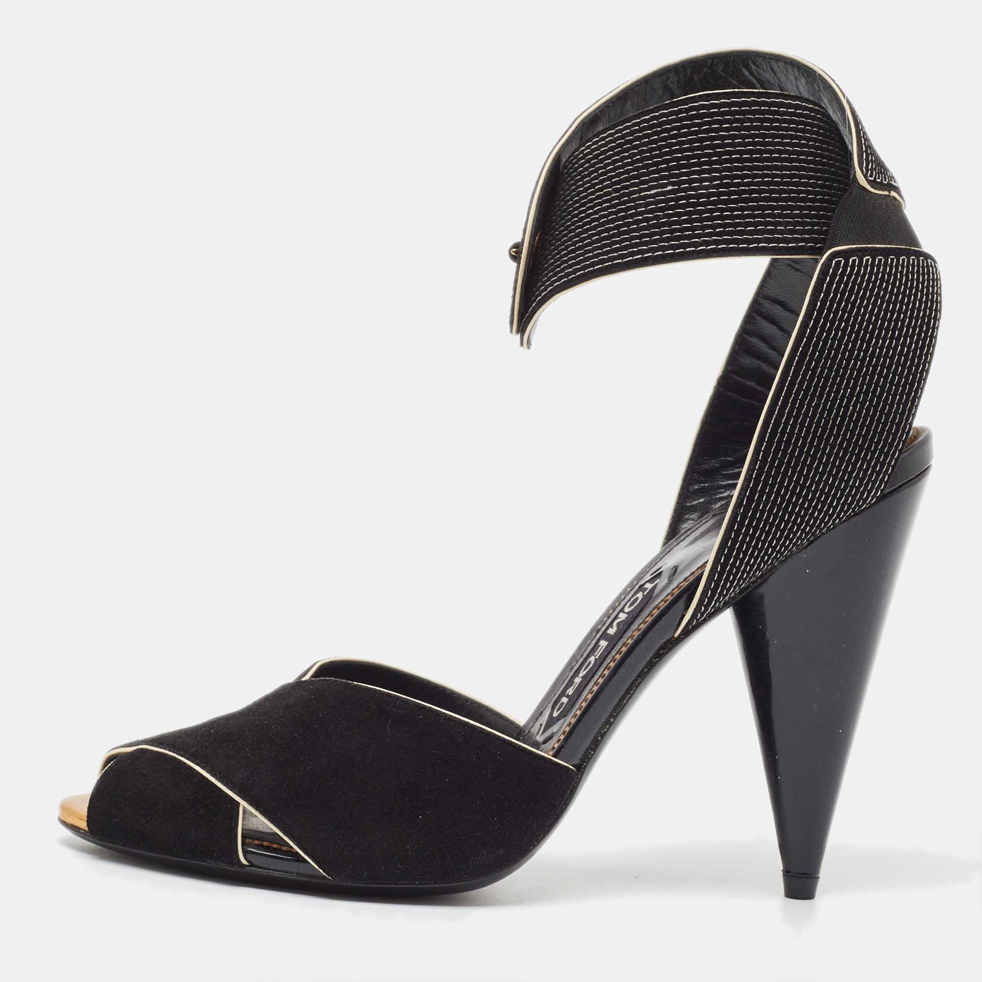 Tom Ford Black Suede Cross Ankle Wrap Peep Toe Sandals Size 39