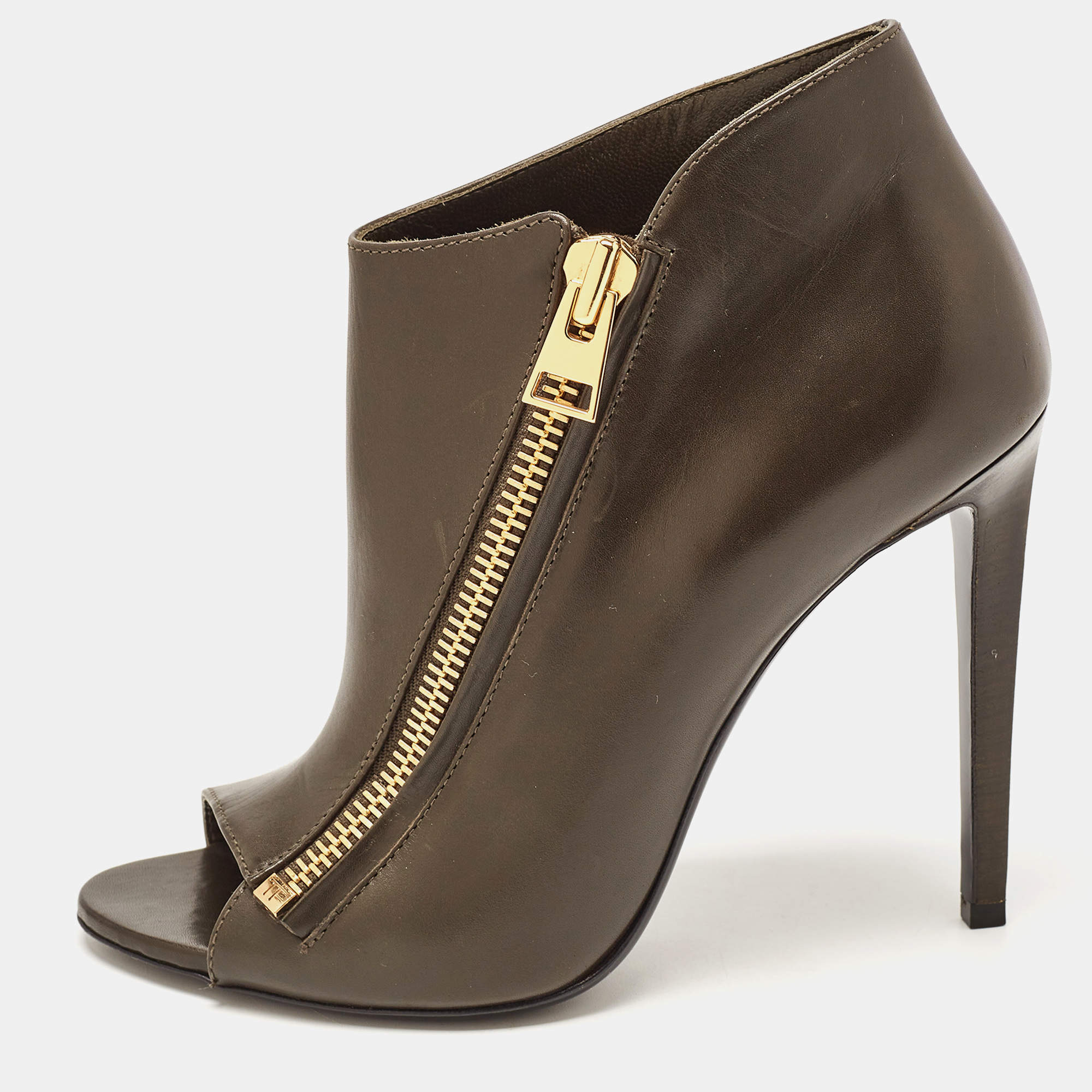 Tom Ford Olive Green Leather Zip Up Open Toe Ankle Booties Size 39