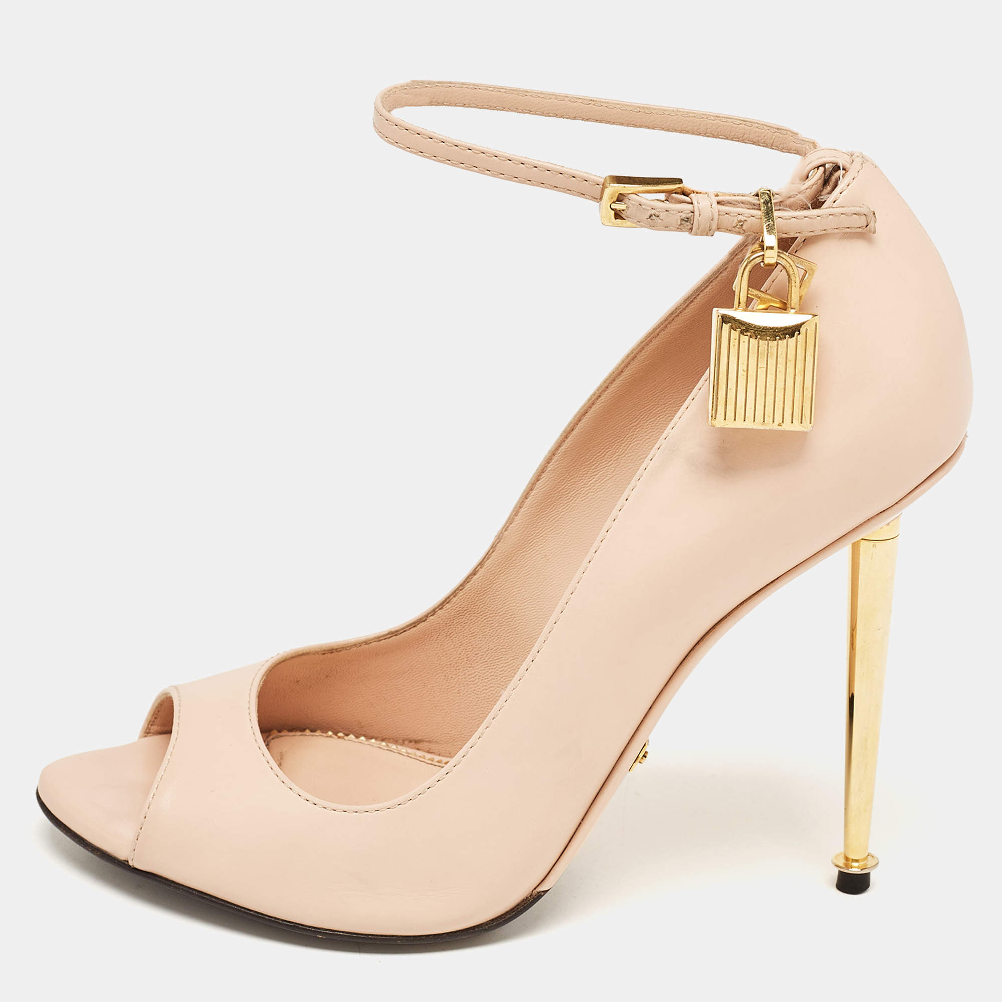 Pre Owned Tom Ford Beige Leather Peep Toe Padlock Pumps Size 36.5