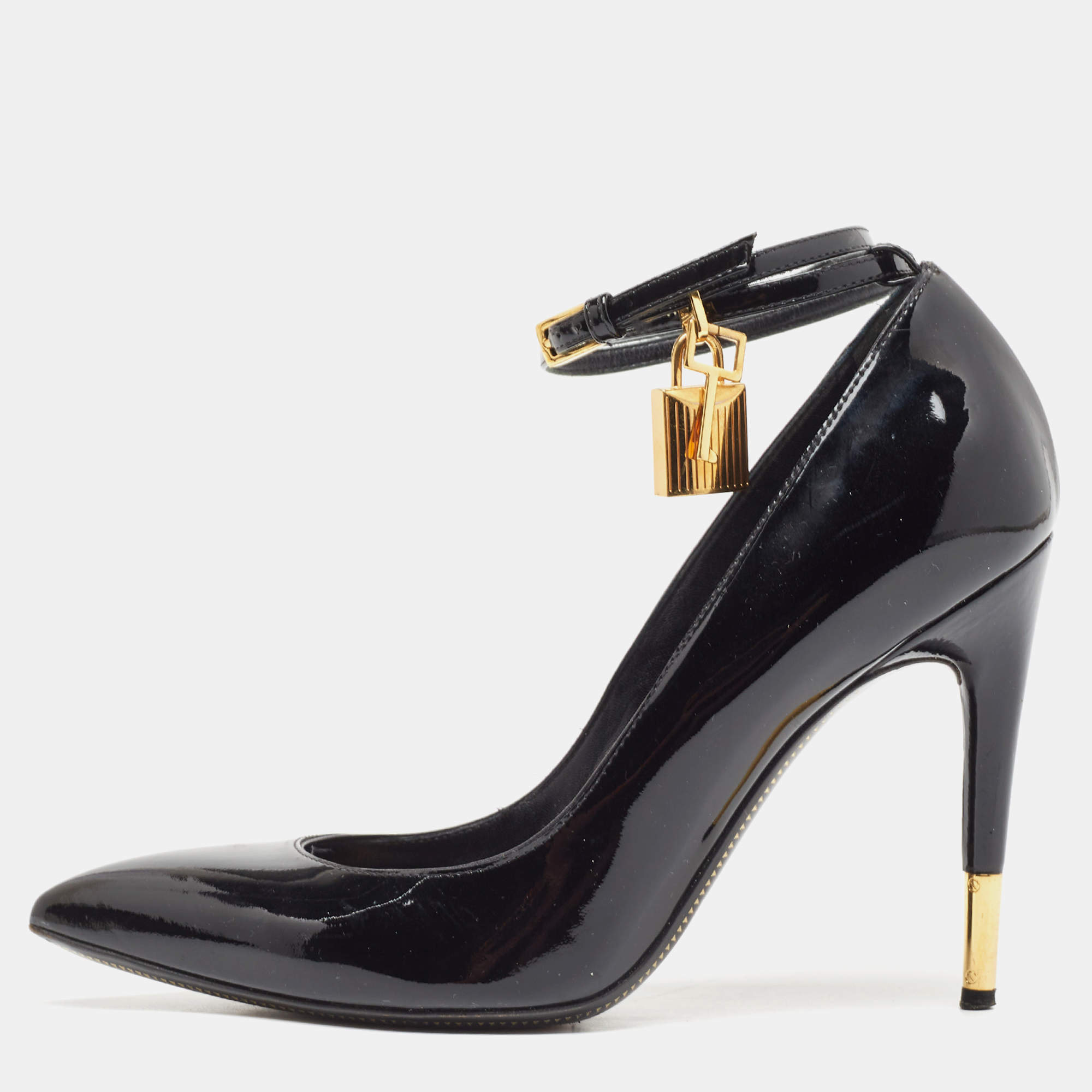 Pre Owned Tom Ford Black Patent Leather Padlock Ankle Wrap Pumps Size 39