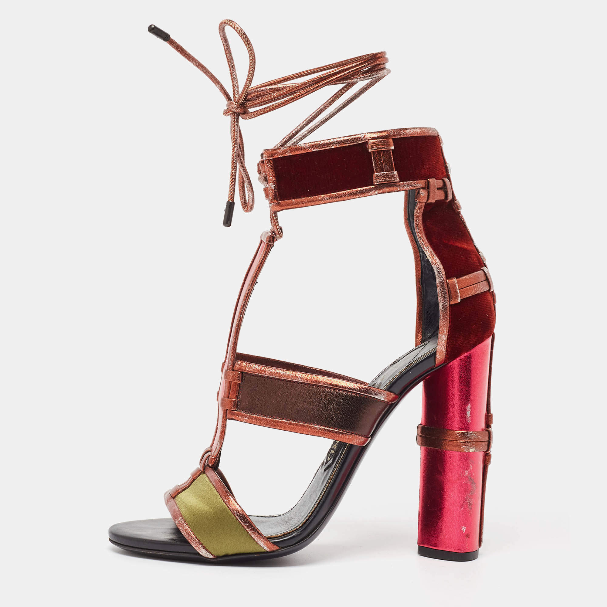 Pre Owned Tom Ford Multicolor  Leather and Denim Patchwork Ankle Strap Sandals Size 36.5