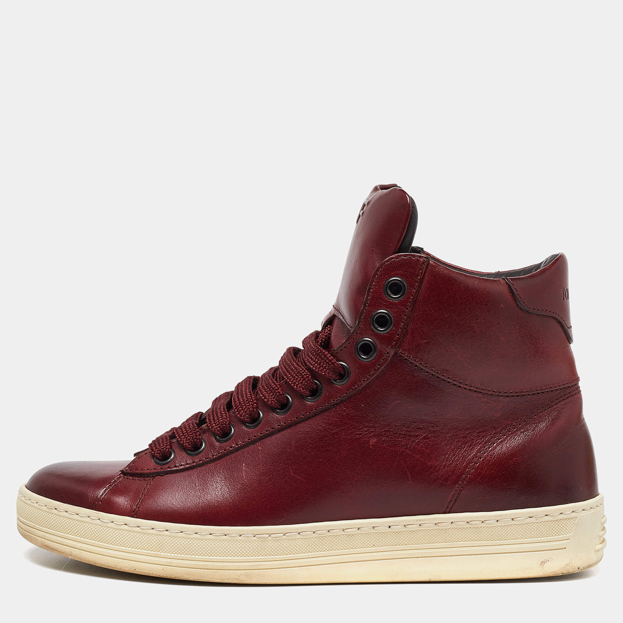 Pre Owned Tom Ford Burgundy Leather High Top Sneakers Size 36.5