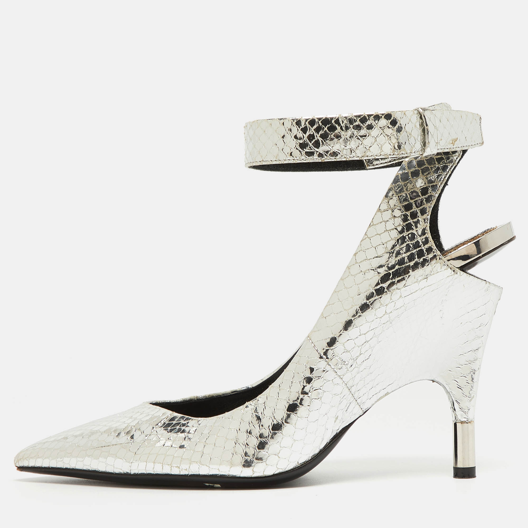 Tom Ford Silver Python Embossed Leather Ankle Strap Pumps Size 38