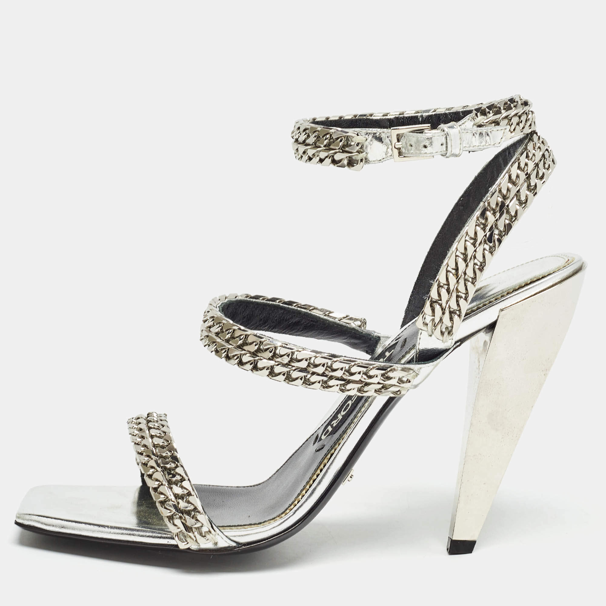 Tom Ford Metallic Silver Leather Chain Embellished Ankle Strap Sandals Size 39