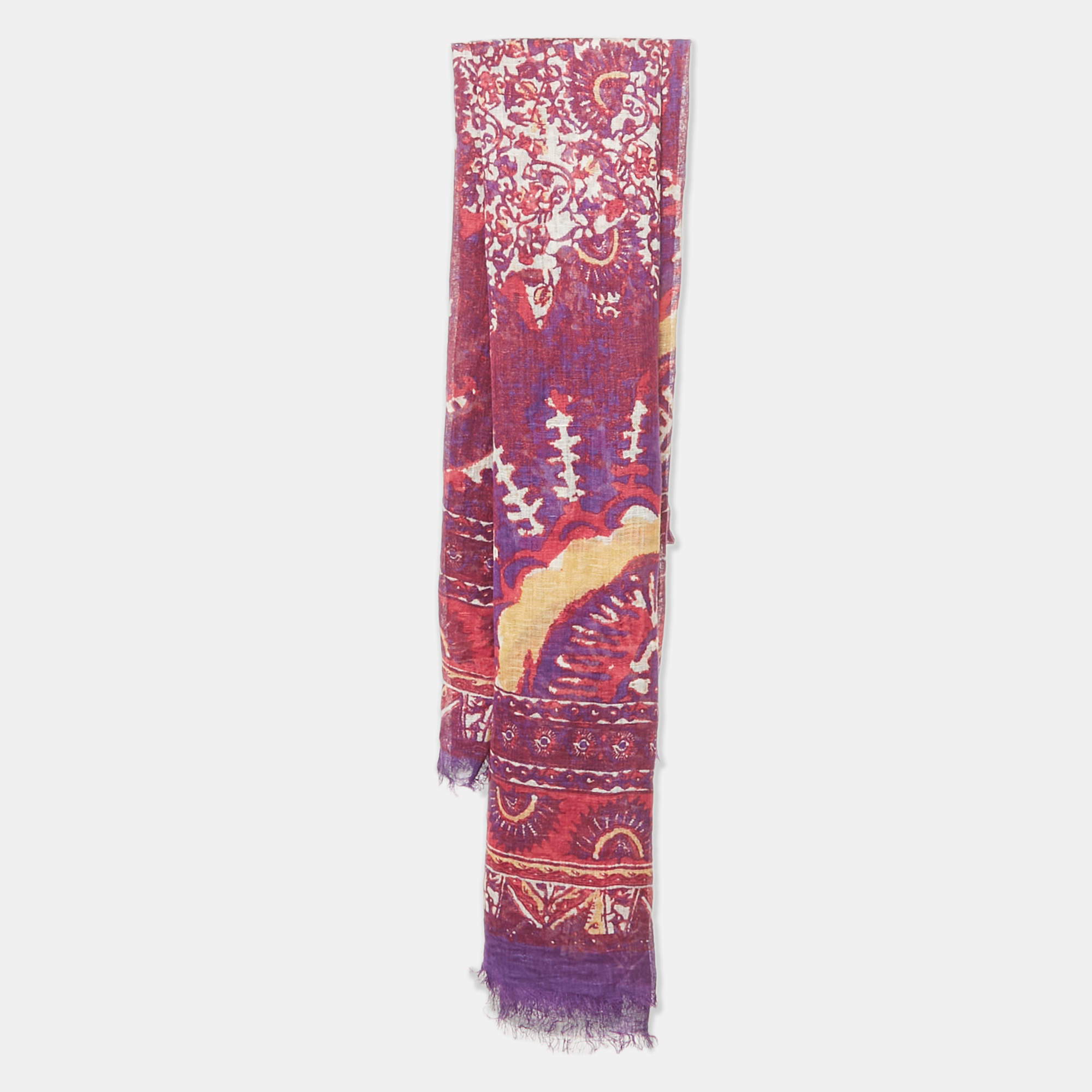 Pre Owned Tory Burch Purple/Pink Printed Linen Blend Scarf 