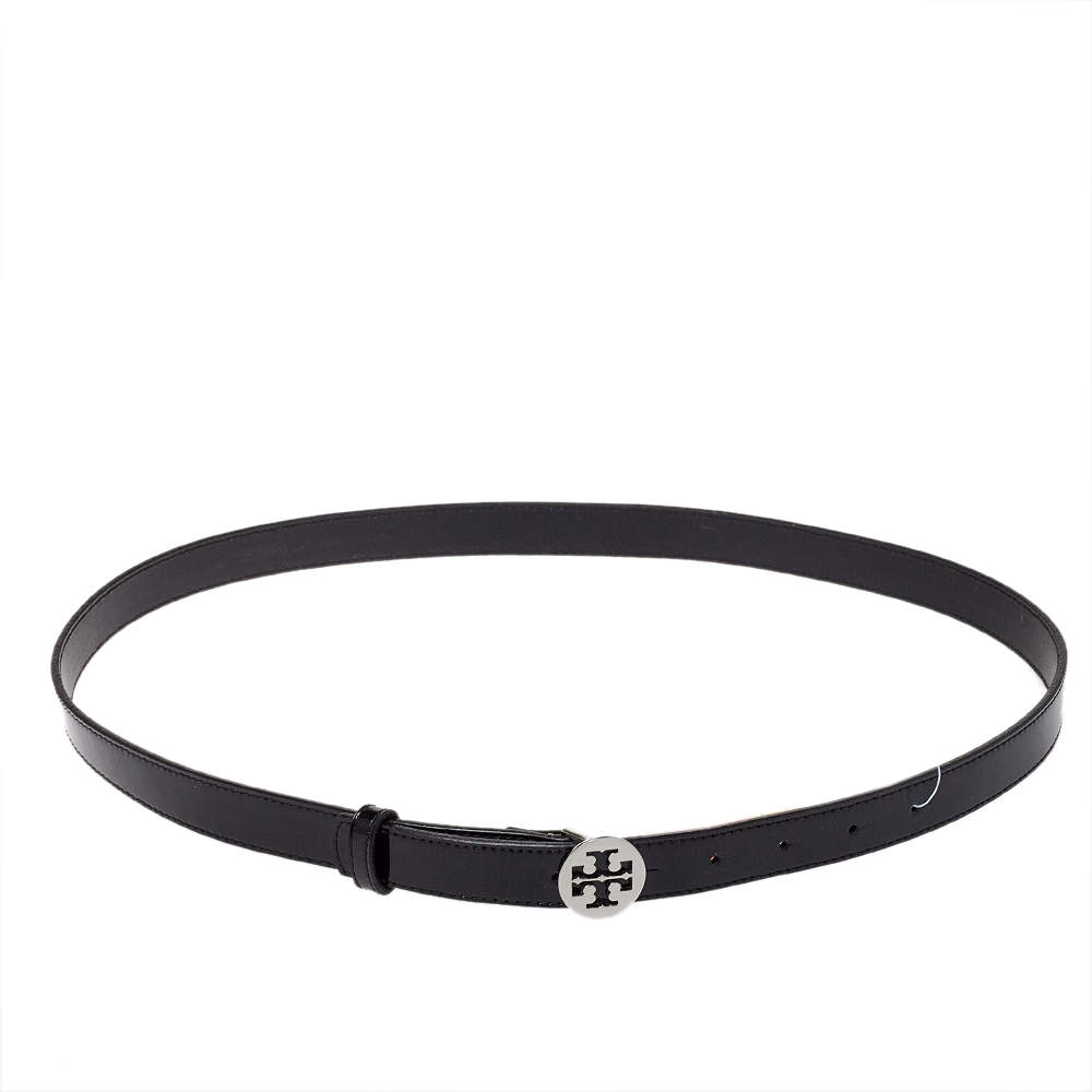 Tory Burch Black Patent Leather Reva Logo Narrow Belt 95CM