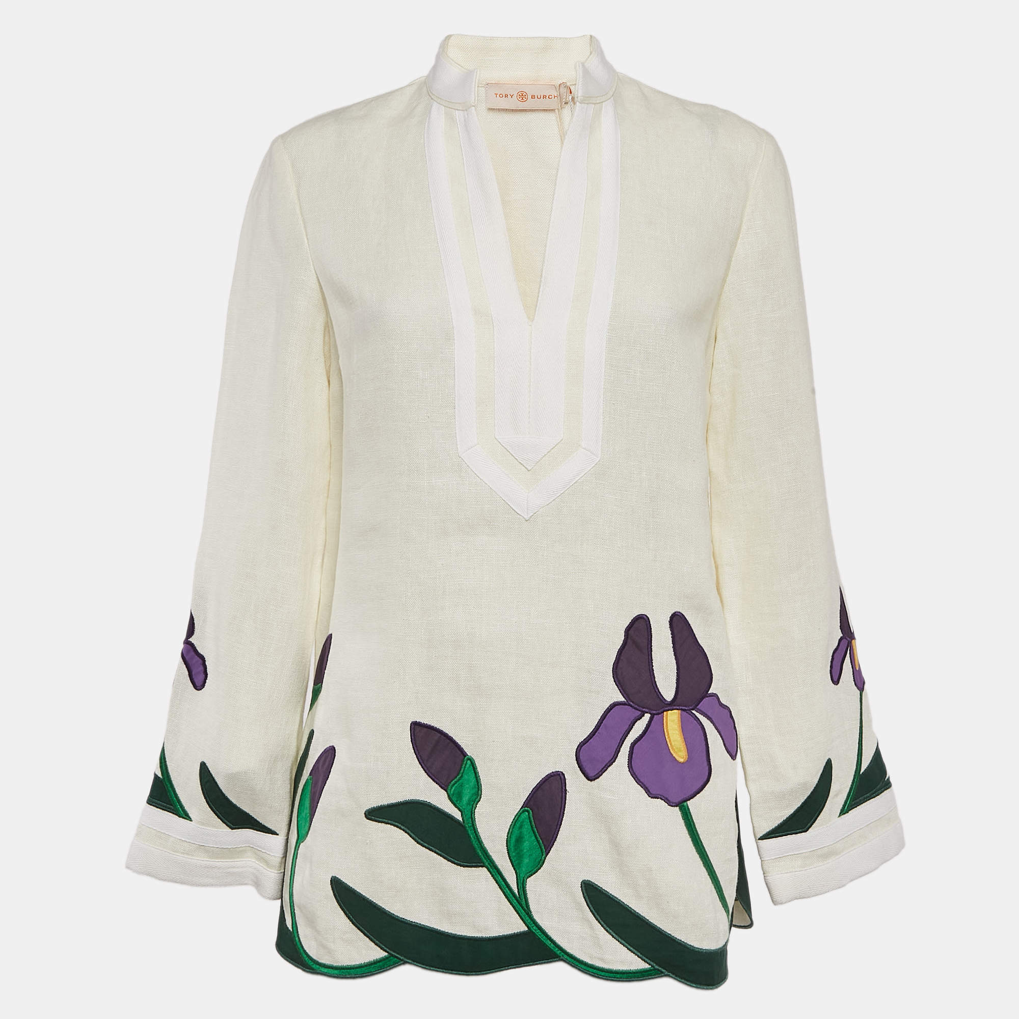 Pre Owned Tory Burch Off-White Iris Embroidered Linen Tory Tunic S
