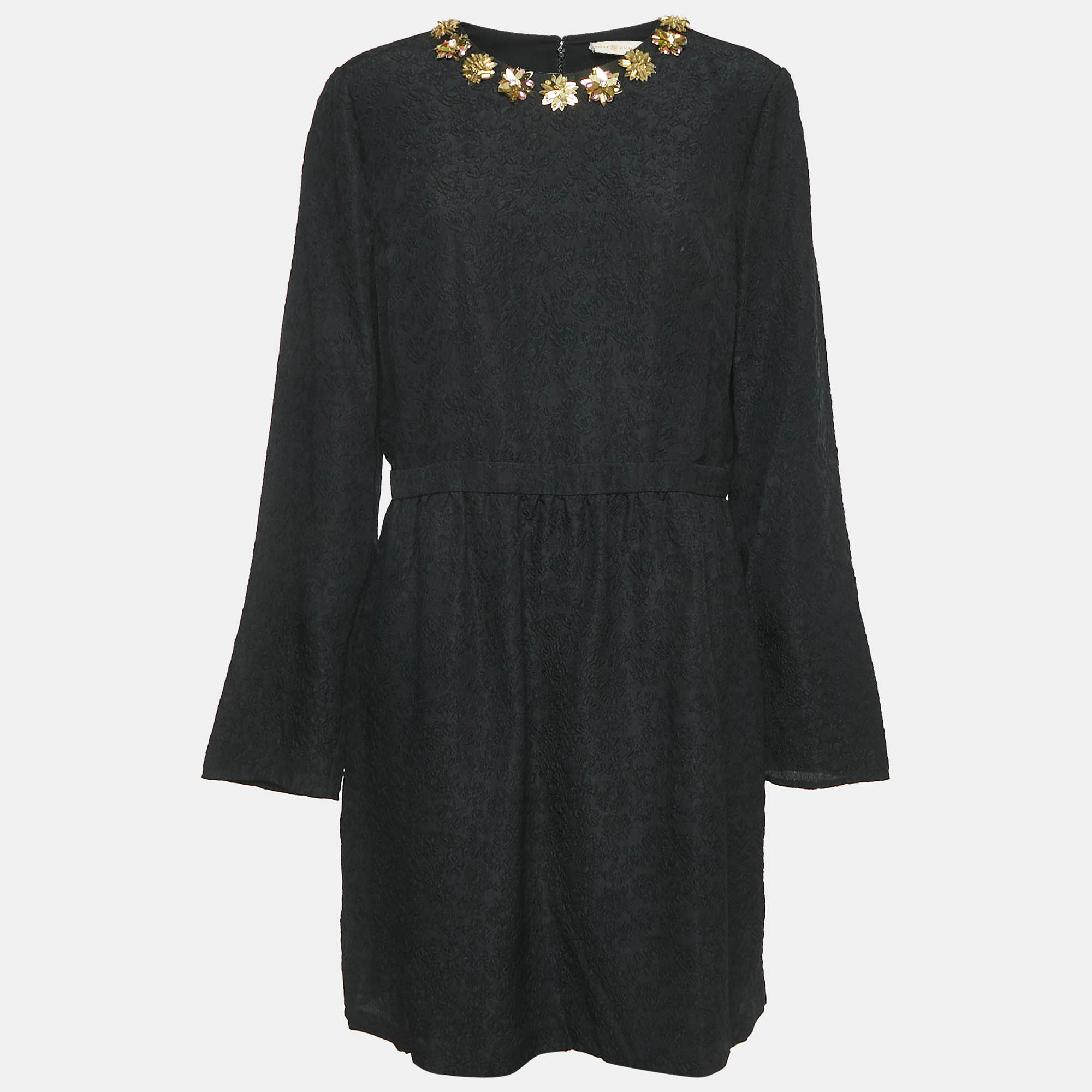 Tory Burch Black Floral Embossed Silk Blend Embellished Short Dress XL