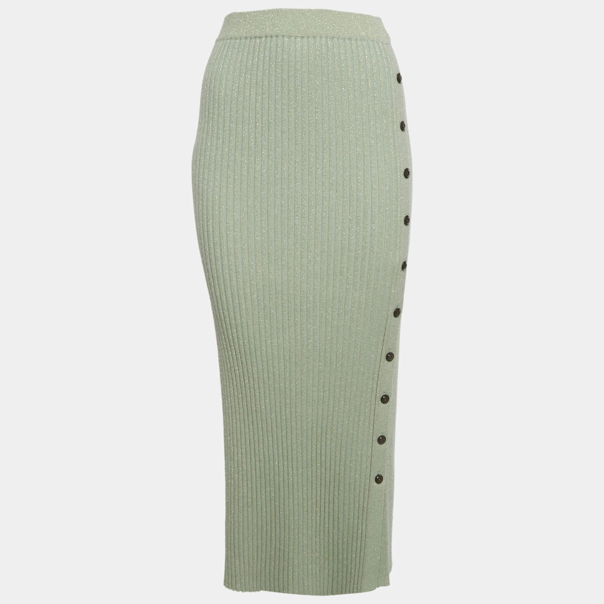 Pre Owned Tory Burch Green Lurex Rib Knit Midi Skirt L