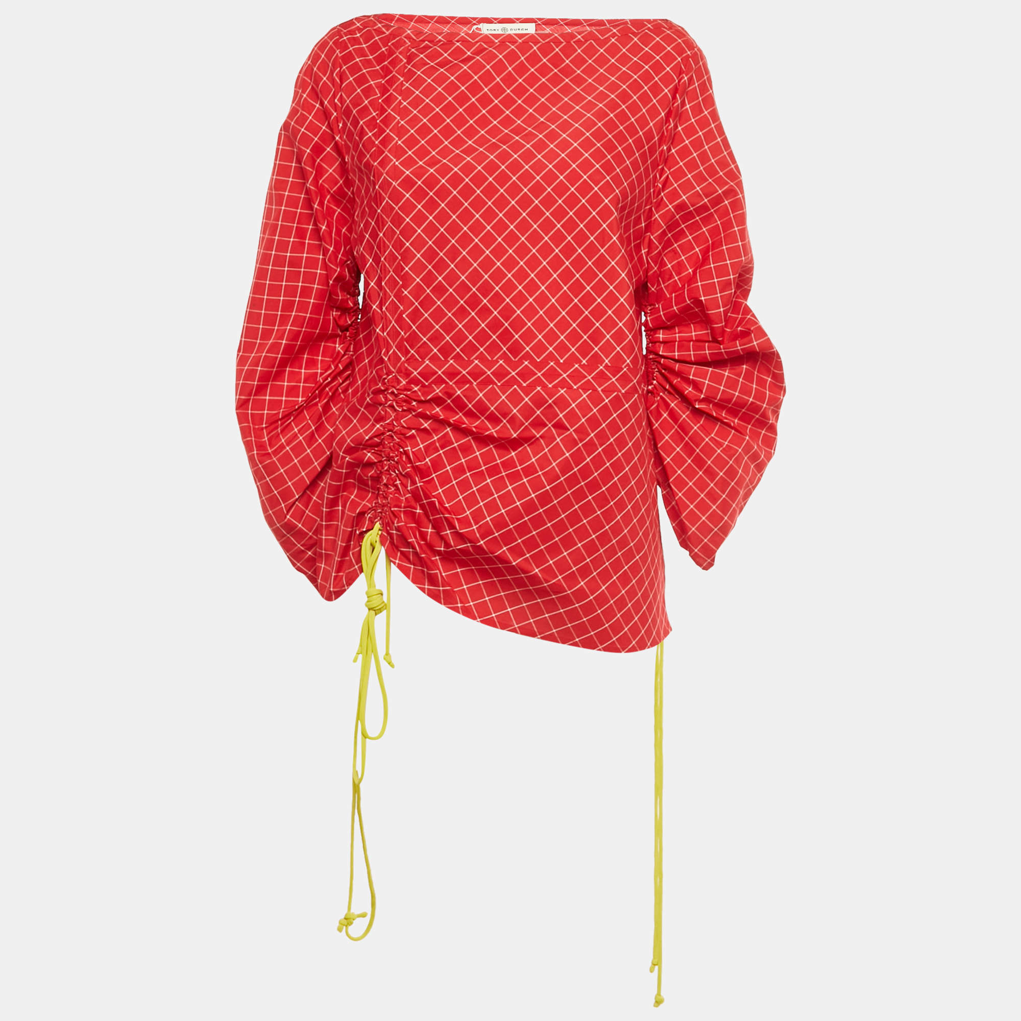 Pre Owned Tory Burch Red Windowpane Silk Tunic XL