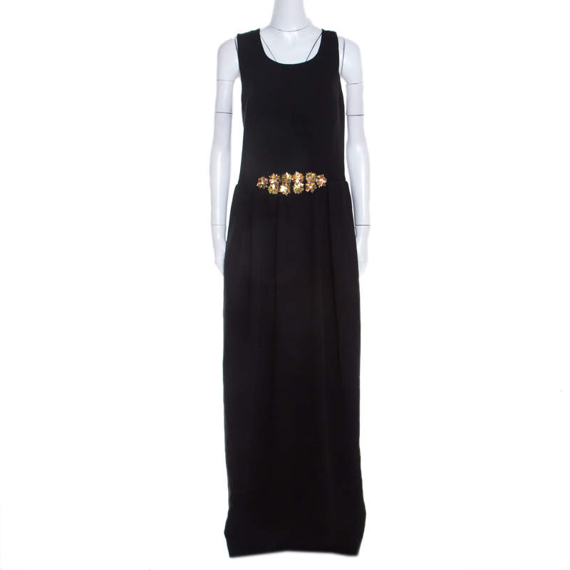 Tory Burch Black Embellished Crepe Criss Cross Back Sleeveless Gown M