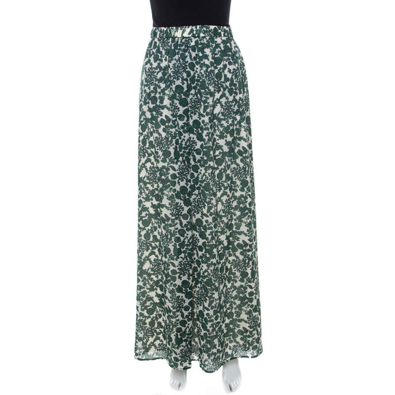 Pre Owned Tory Burch Off White and Green Vine Print Silk Blend Soraya Maxi Skirt M