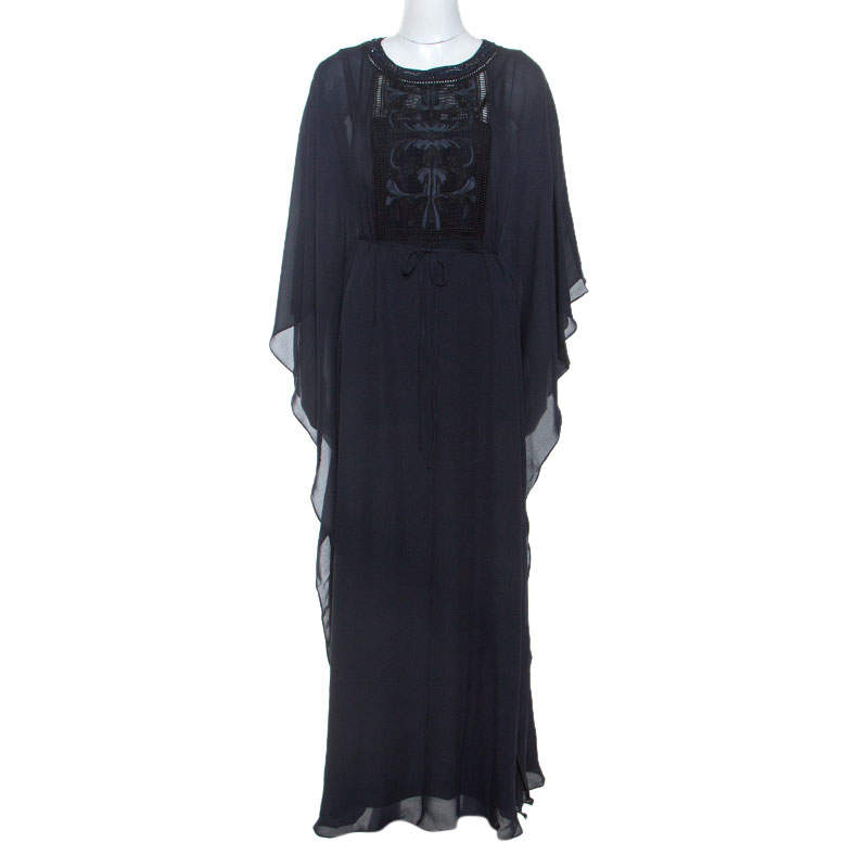 Tory Burch Navy Blue Silk Embroidered Detail Kaftan S