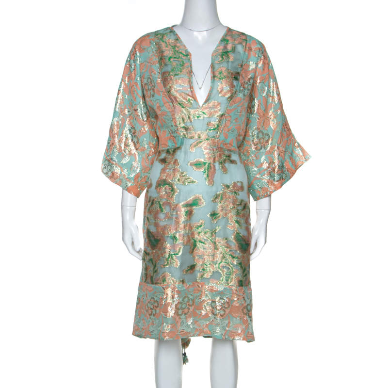 Pre Owned Tory Burch Metallic Fil Coupé Drawstring Waist McKenna Dress L