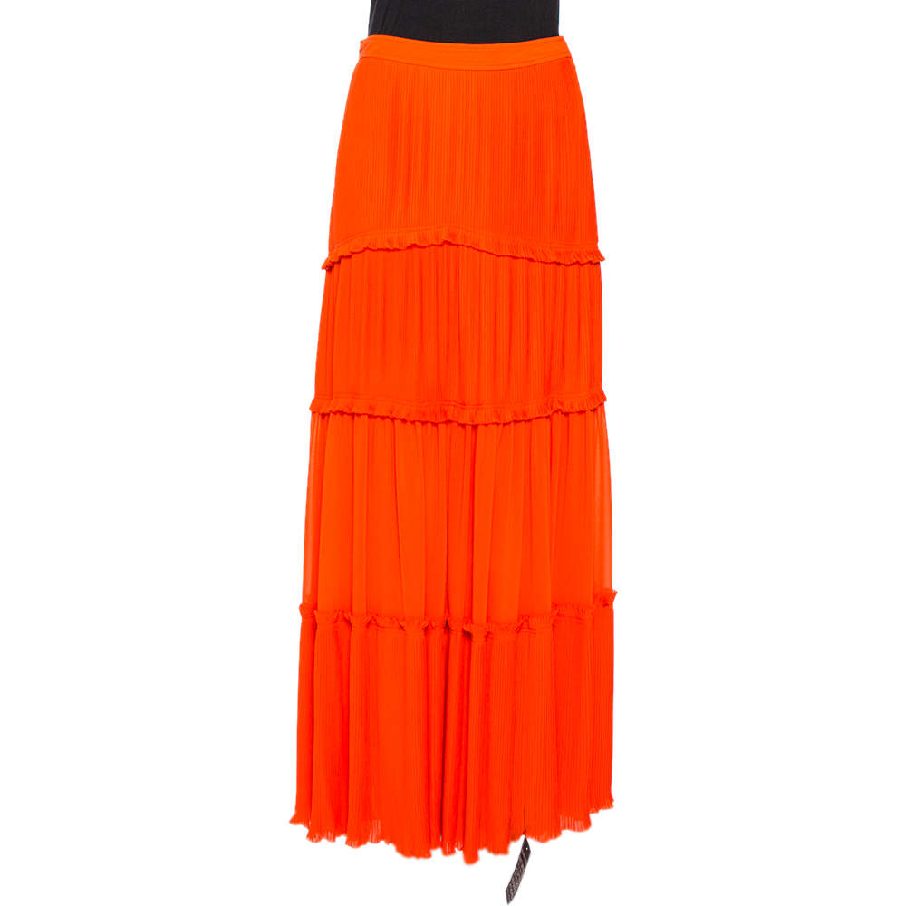 Pre Owned Tory Burch Spicy Orange Crepe Pleated Stella Maxi Skirt S