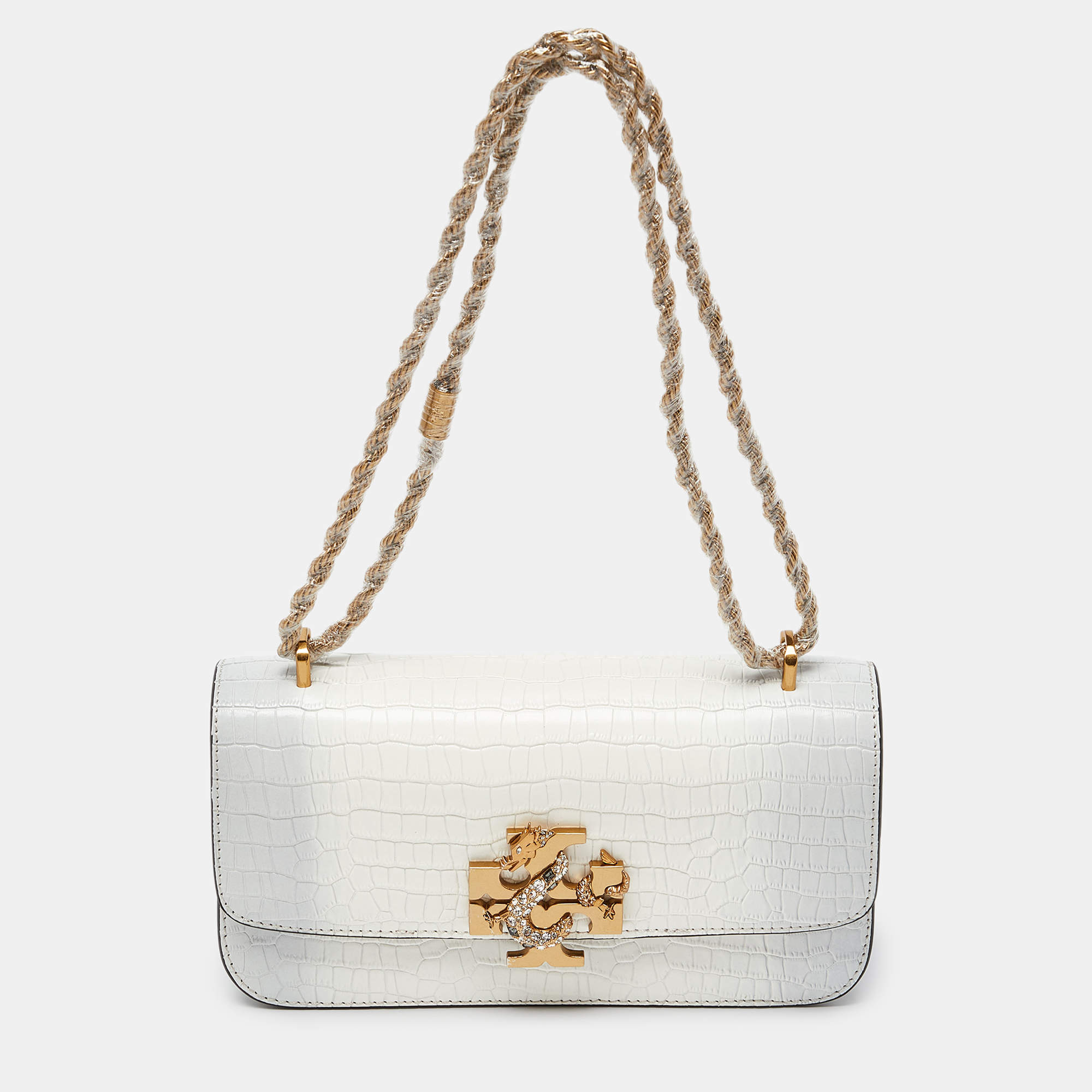 Pre Owned Tory Burch Warm White/Mist Croc Embossed Leather Eleanor Dragon Rectangular Shoulder Bag