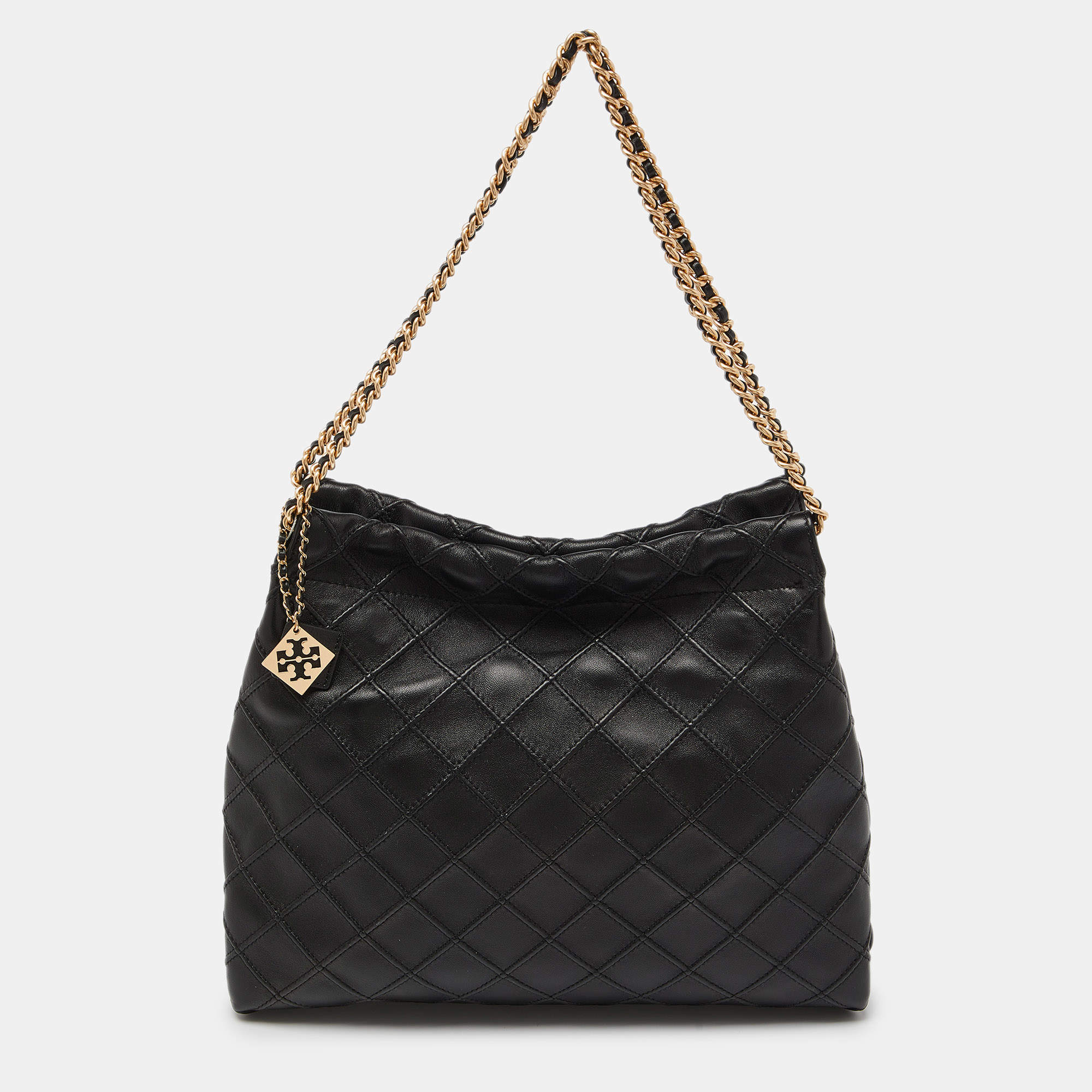 Pre Owned Tory Burch Black Quilted Leather Fleming Drawstring Hobo