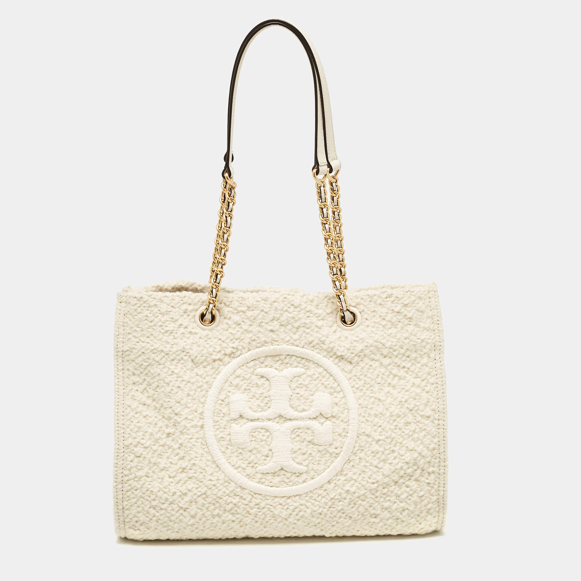 Pre Owned Tory Burch Cream Tweed Ella Boucle Chain Tote