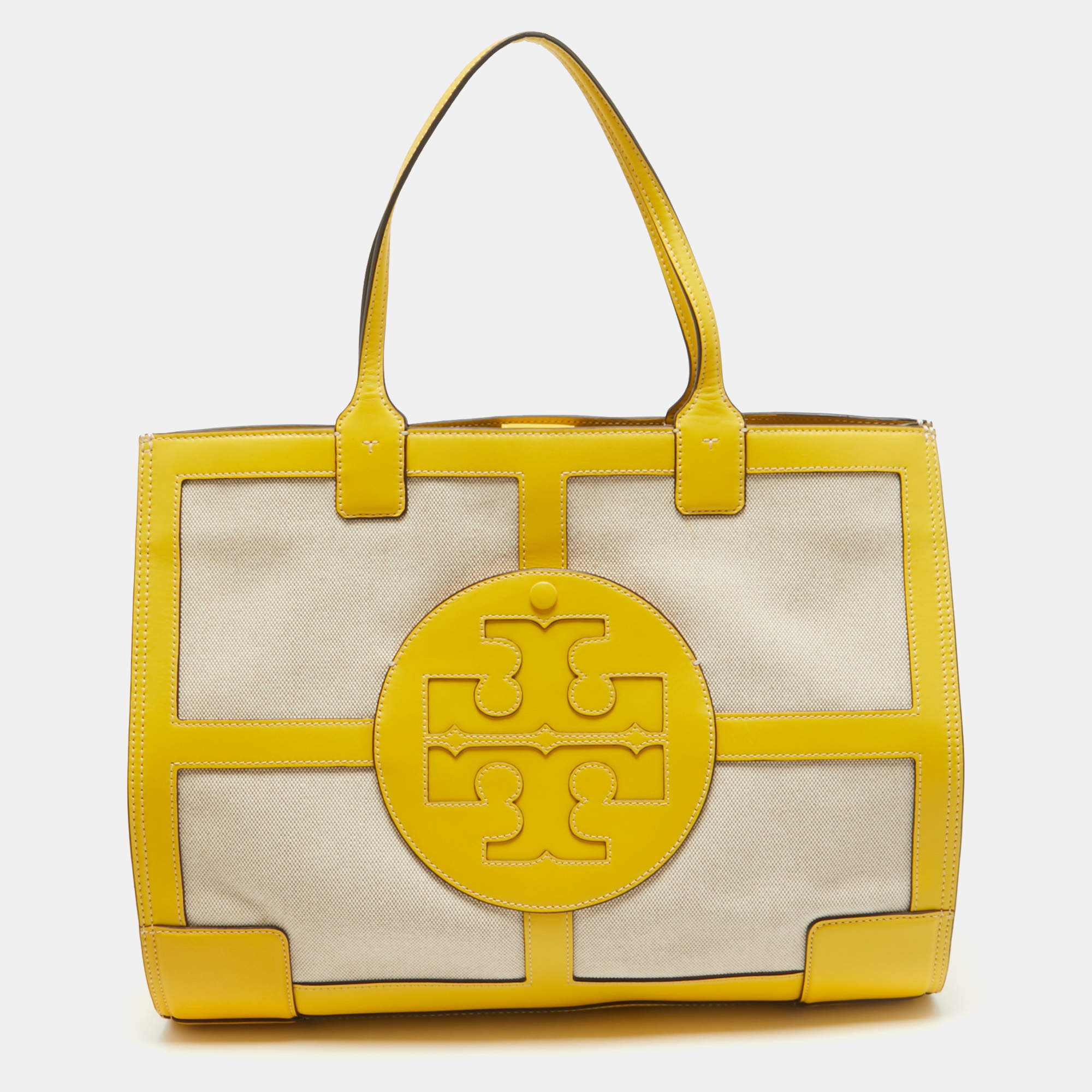 Pre Owned Tory Burch Yellow/Natural Canvas and Leather Large Ella Tote