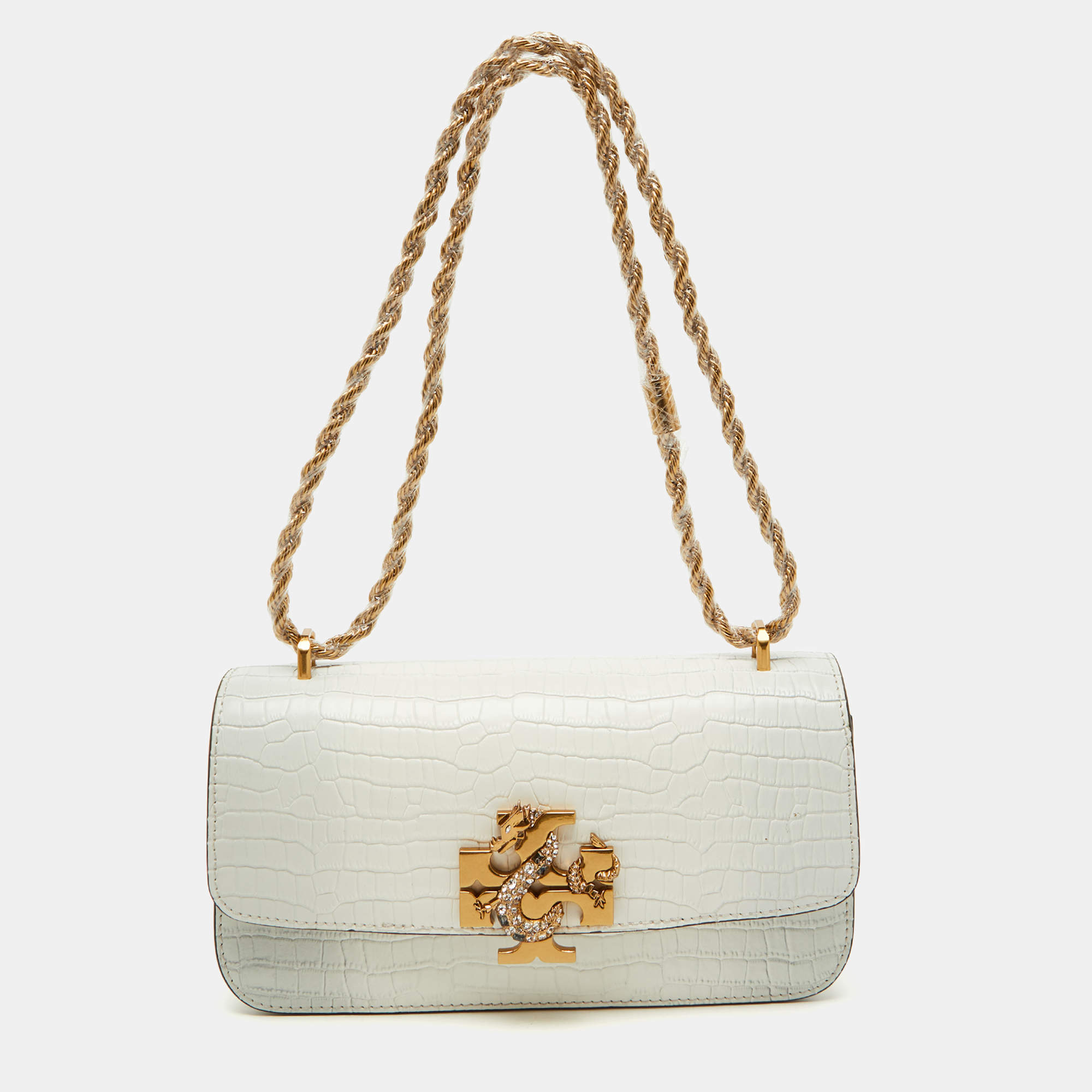 Pre Owned Tory Burch White Croc Embossed Leather Eleanor Dragon Rectangular Shoulder Bag