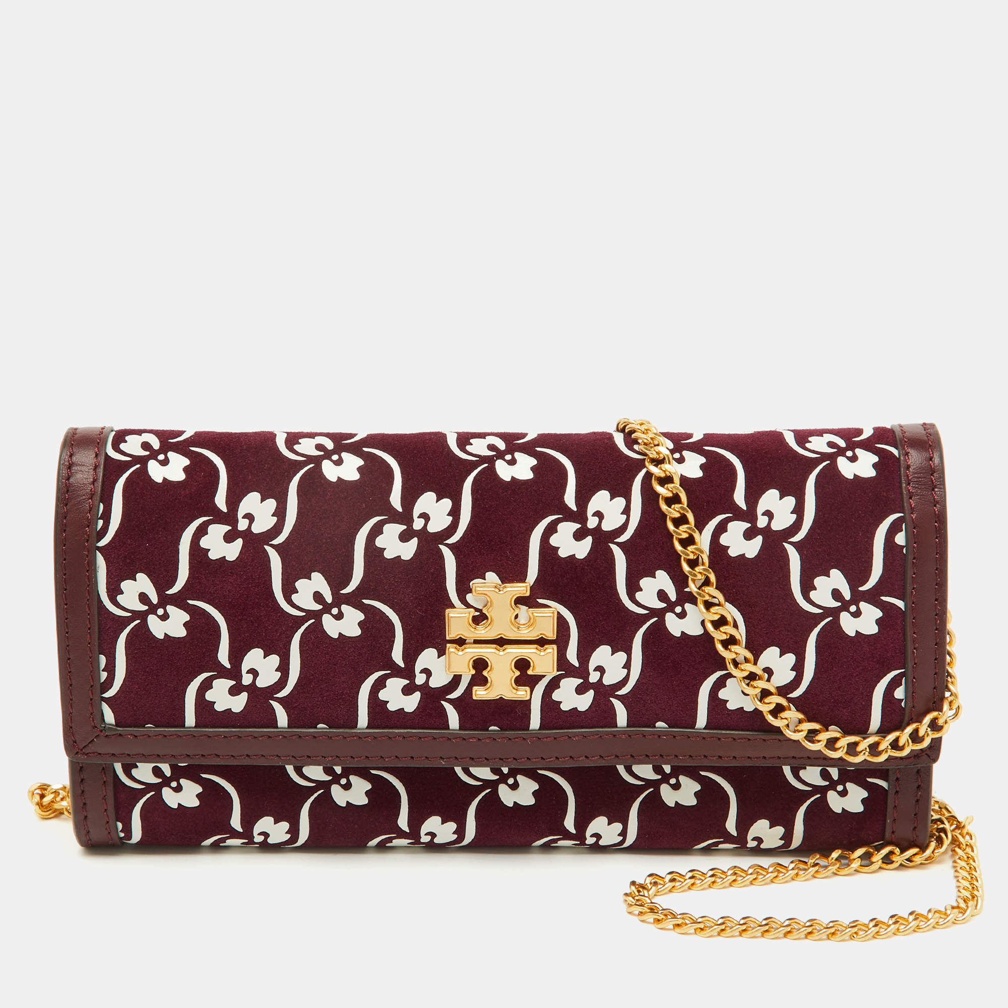 Tory Burch Burgundy Suede and Leather Japanese Floral Wallet on Chain