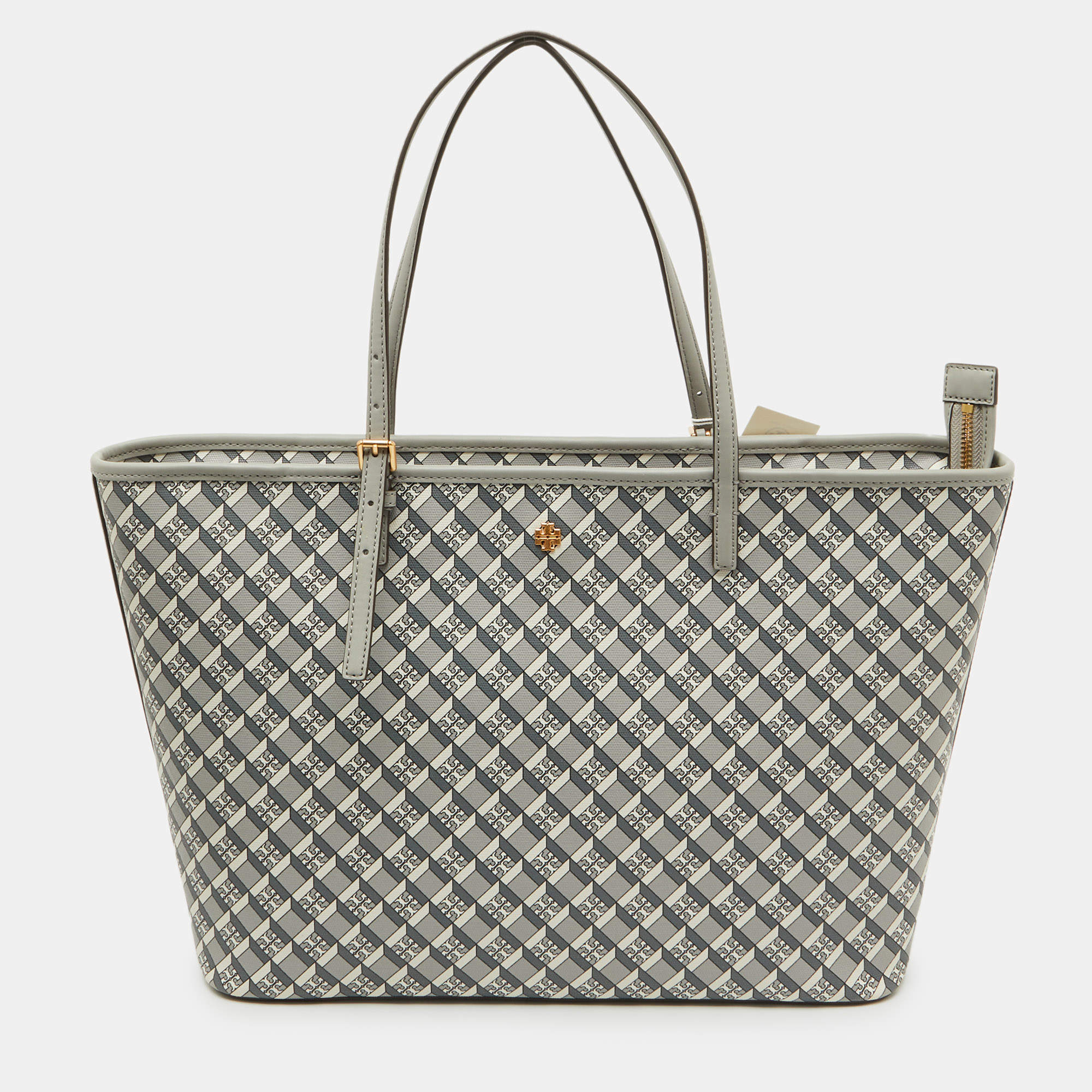 Pre Owned Tory Burch Grey Coated Canvas and Leather Geo Logo Top Zip Tote