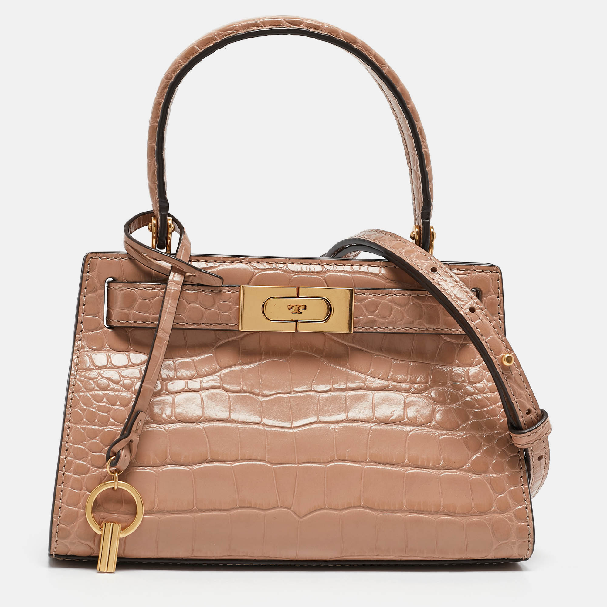 Pre Owned Tory Burch Beige Croc Embossed Leather Petite Lee Radziwill Top Handle Bag