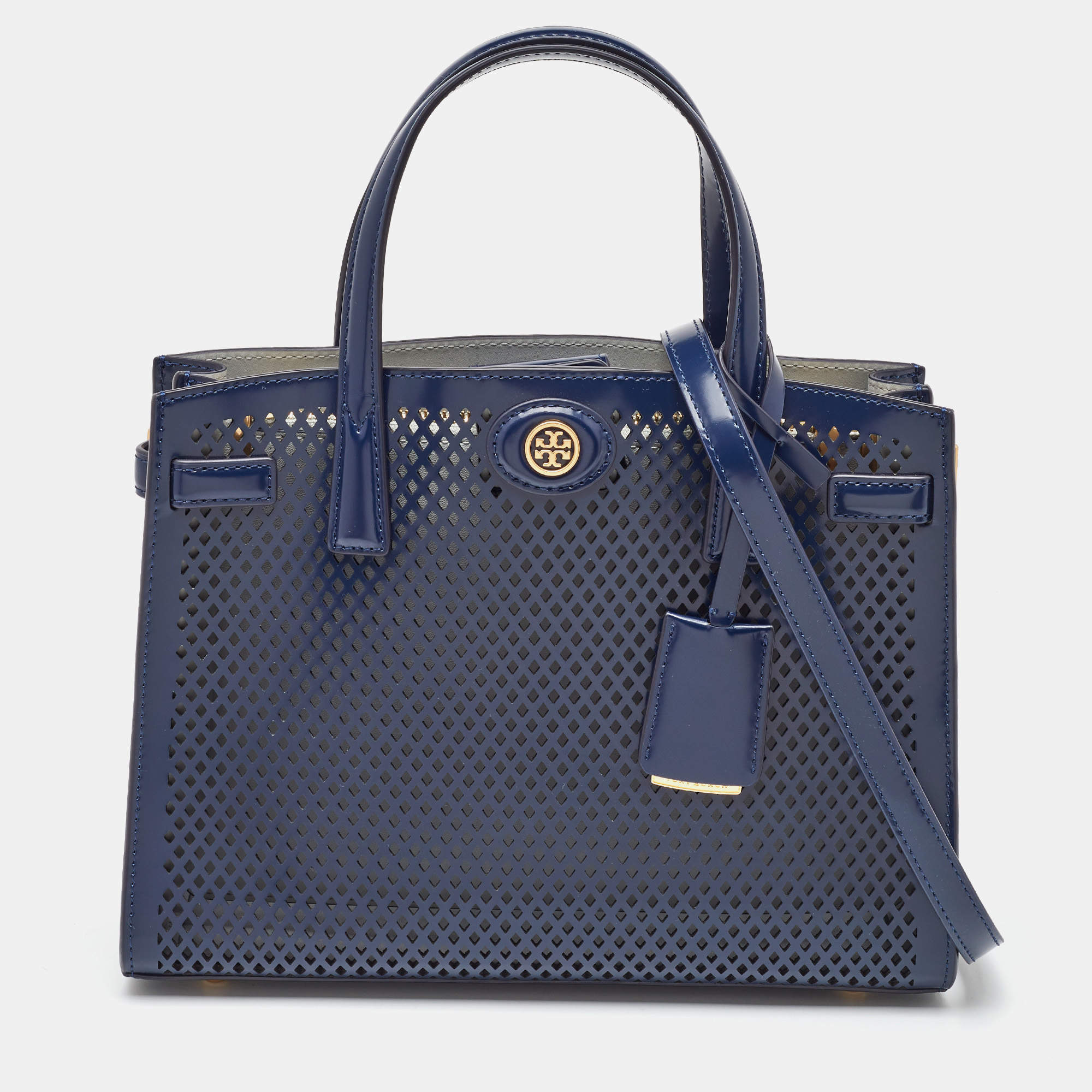 Tory Burch Navy Blue Perforated Leather Small Robinson Tote