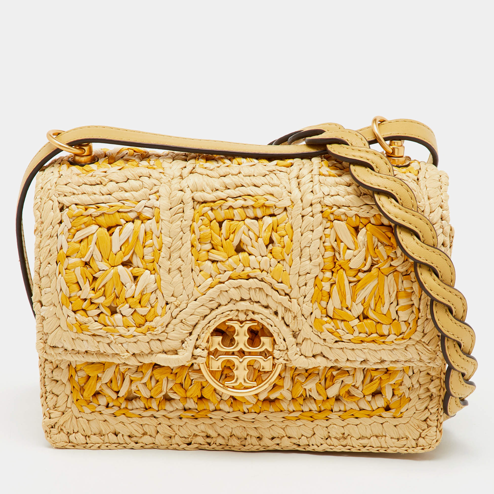 Pre Owned Tory Burch Beige/Yellow Raffia and Suede Miller Mini Flap Shoulder Bag