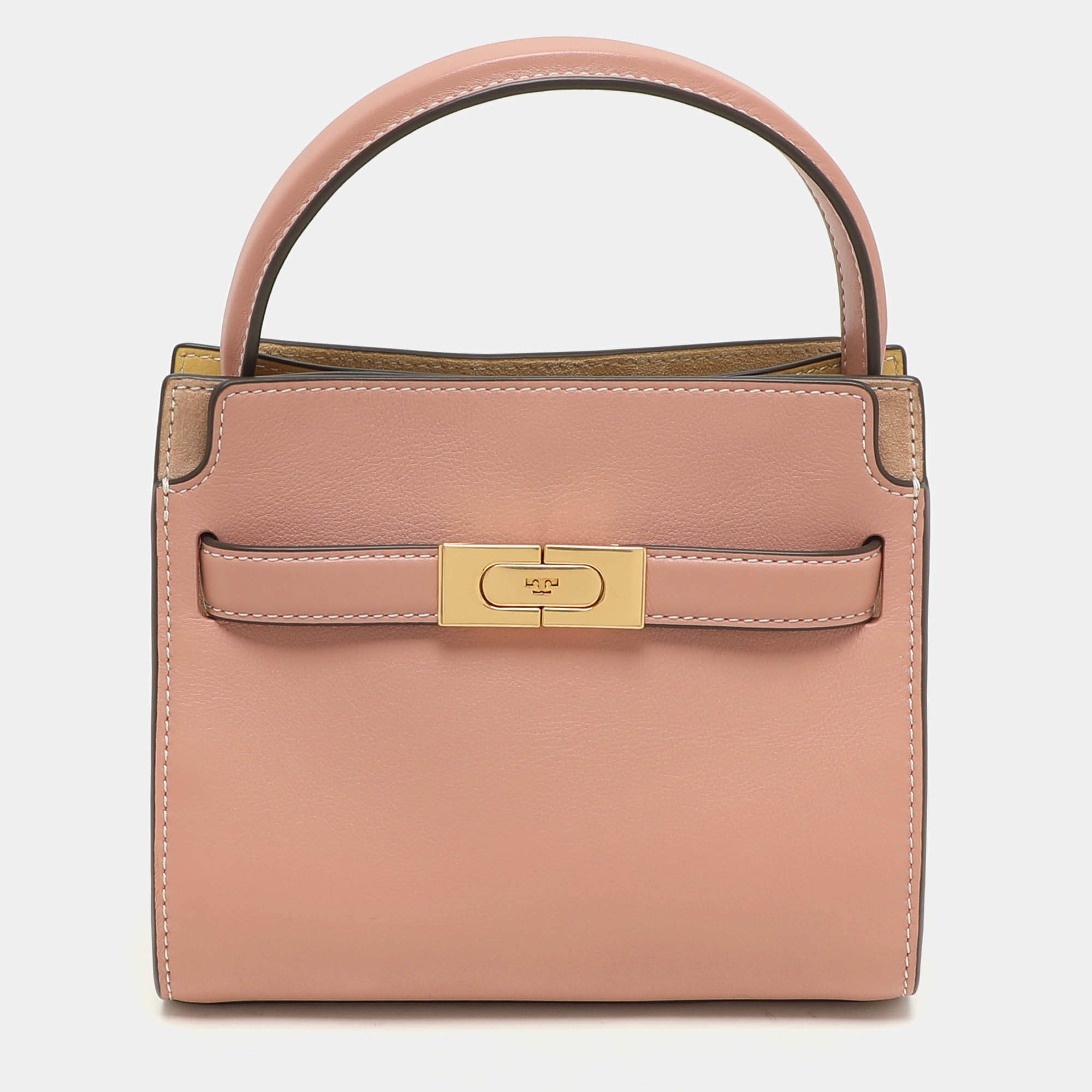Pre Owned Tory Burch Peach/Beige Leather and Suede Petite Double Lee Radziwill Top Handle Bag
