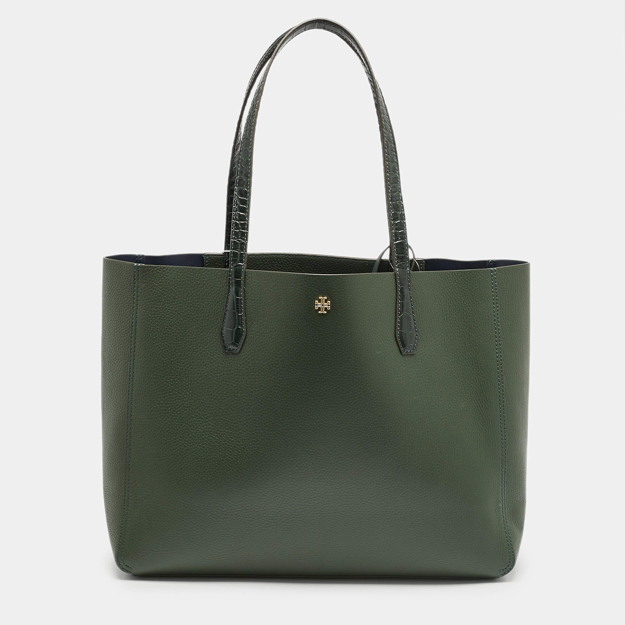 Tory Burch Jitney Green Leather and Croc Embossed Handle Blake Tote