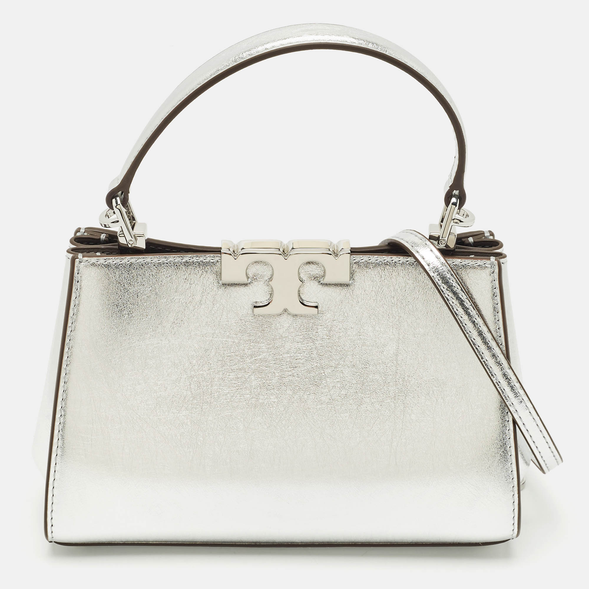Tory Burch Metallic Silver Leather Mini Eleanor Top Handle Bag