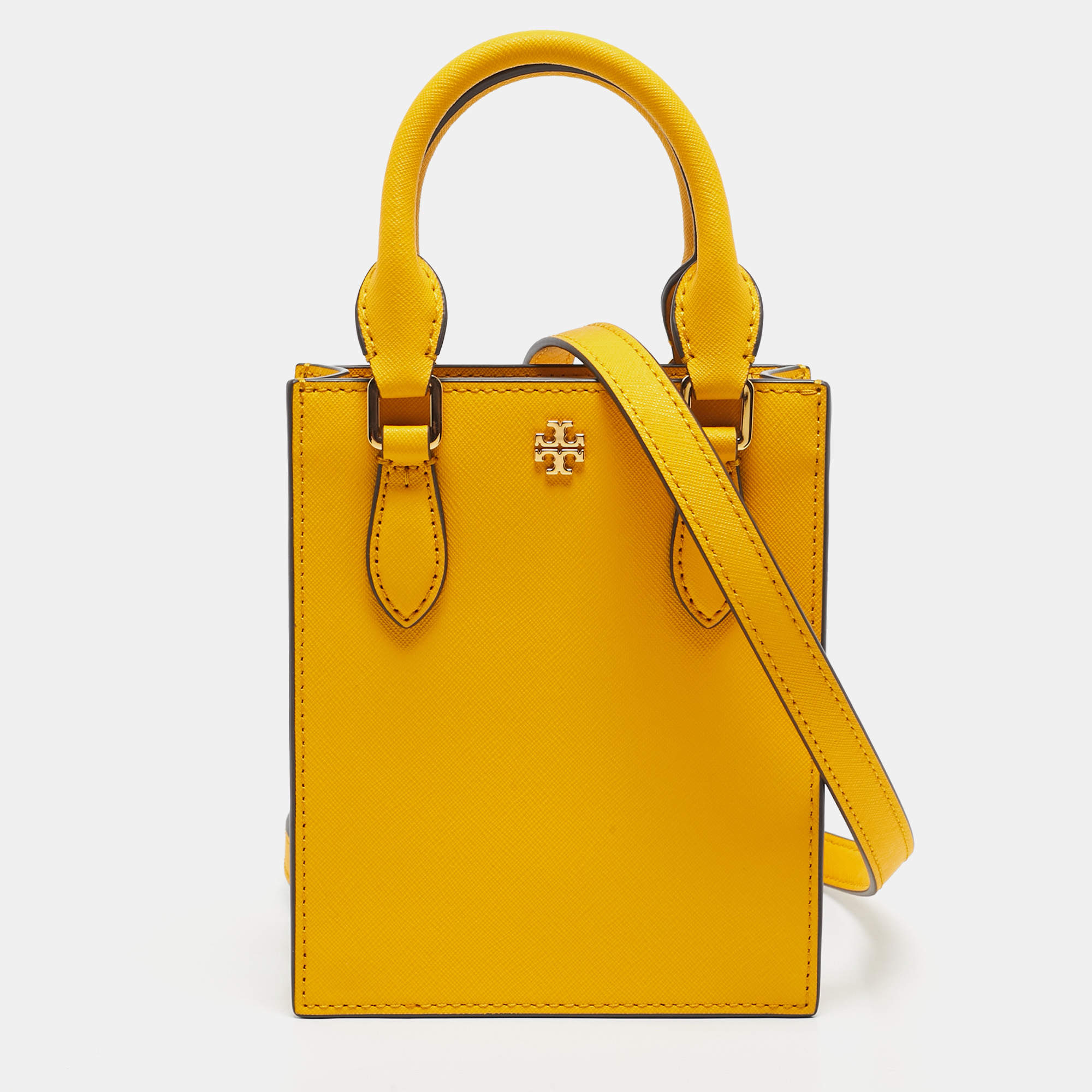 Pre Owned Tory Burch Mustard Leather Mini Emerson Shopper Tote